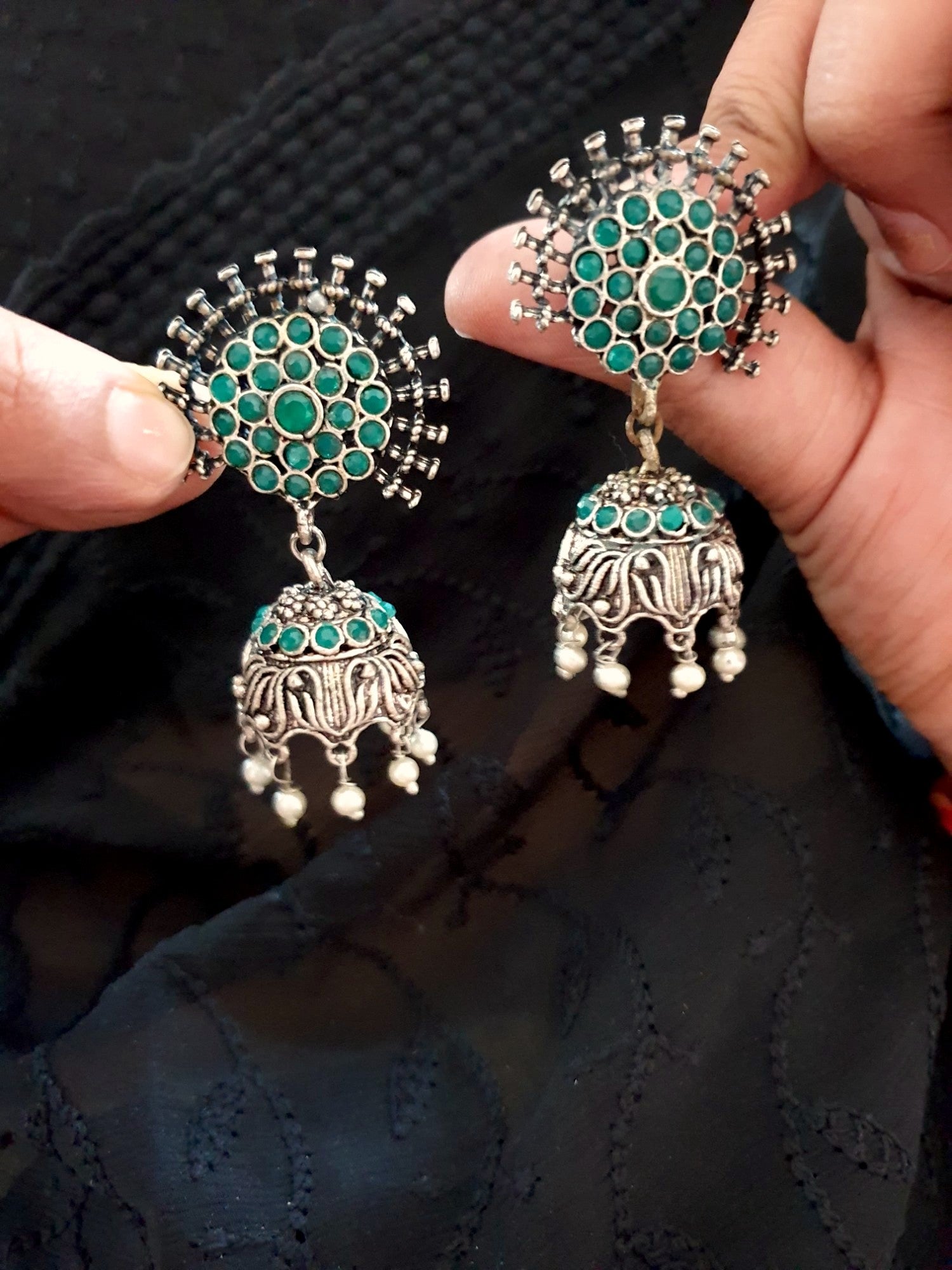 Green Stone Oxidised Silver Earrings