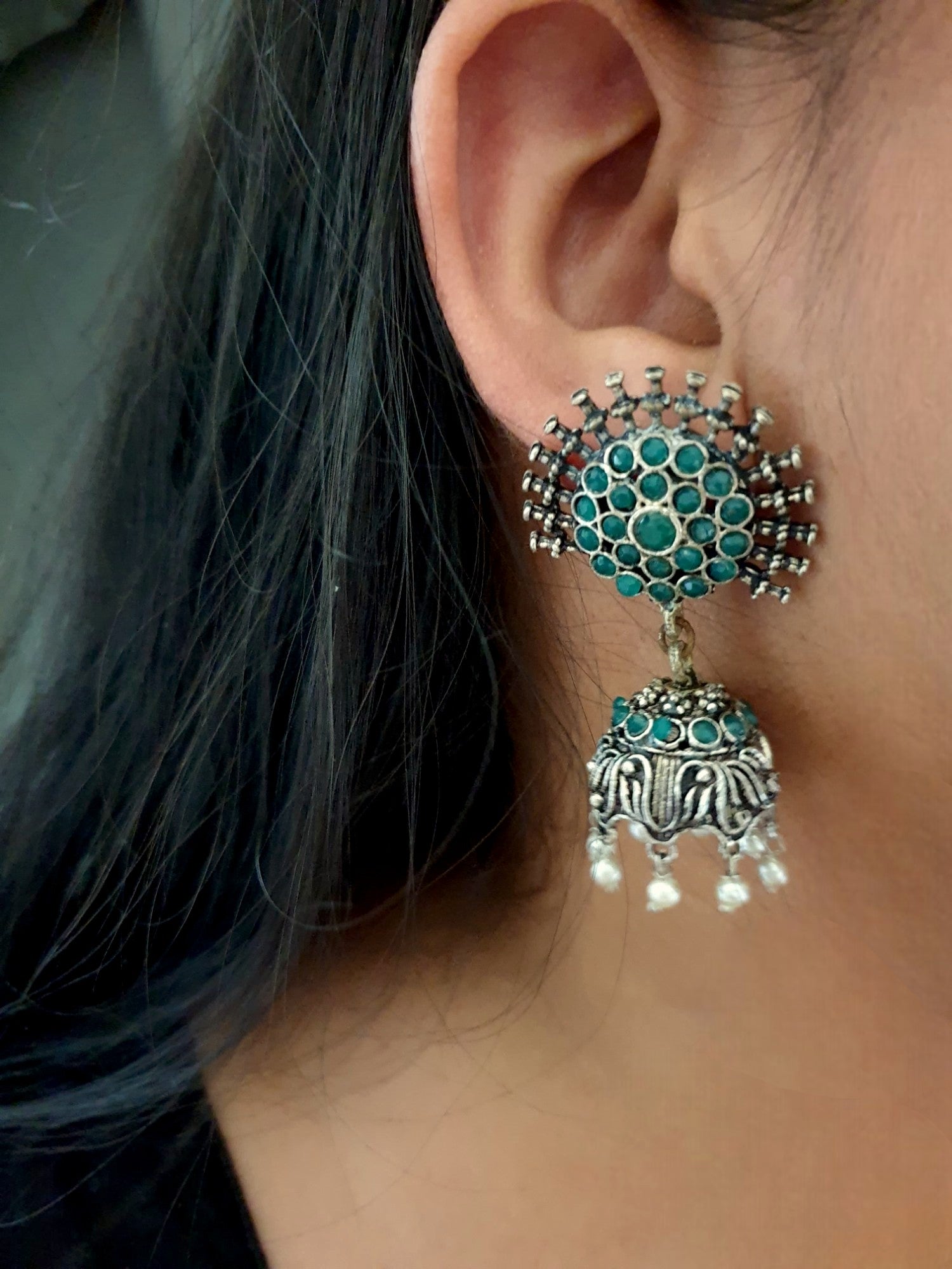 Green Stone Oxidised Silver Earrings