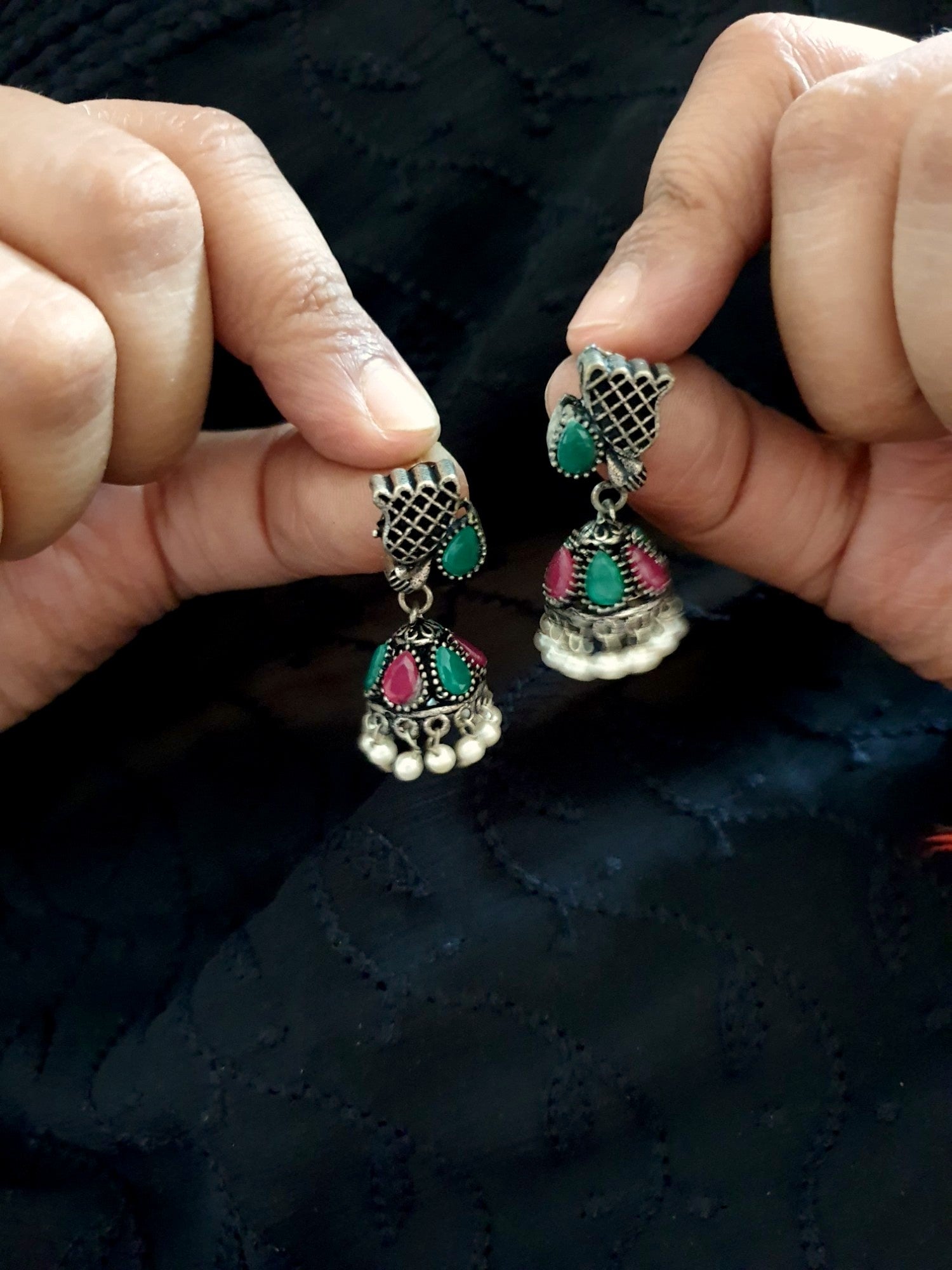 Red Green Stone Oxidised Silver Jhumki