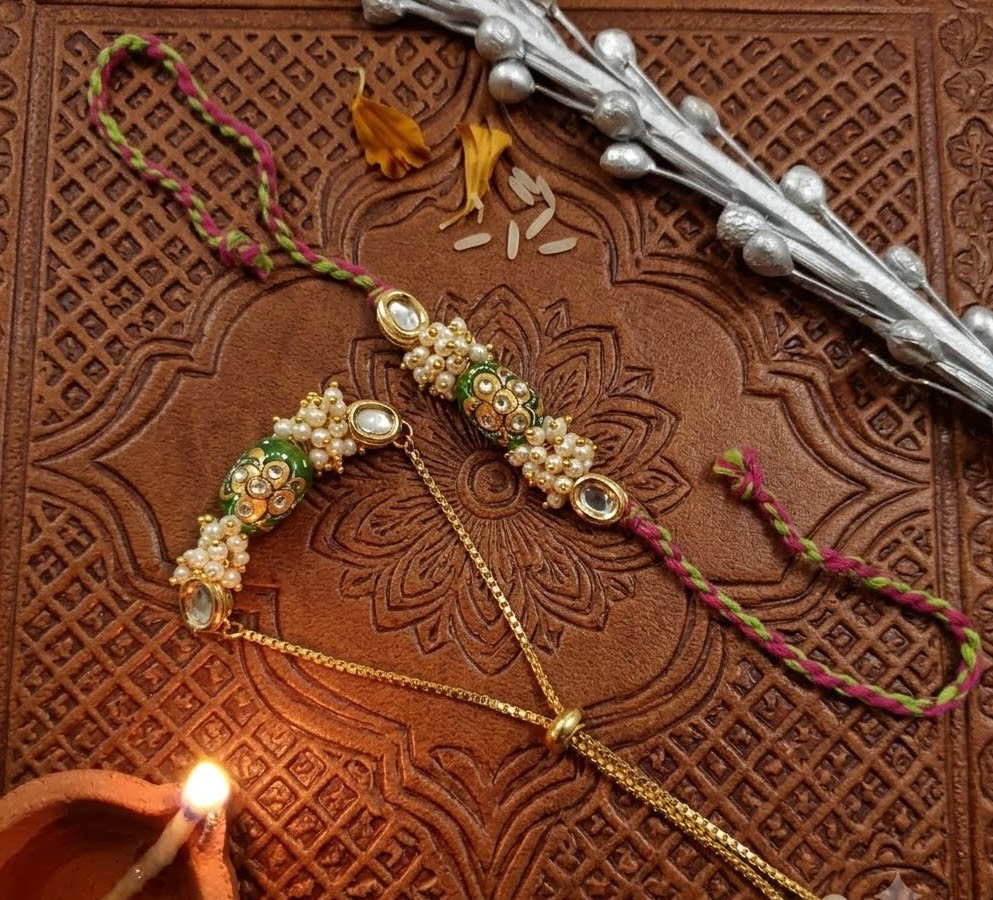 Green Handpainted Rakhi For Brother And Bhabhi