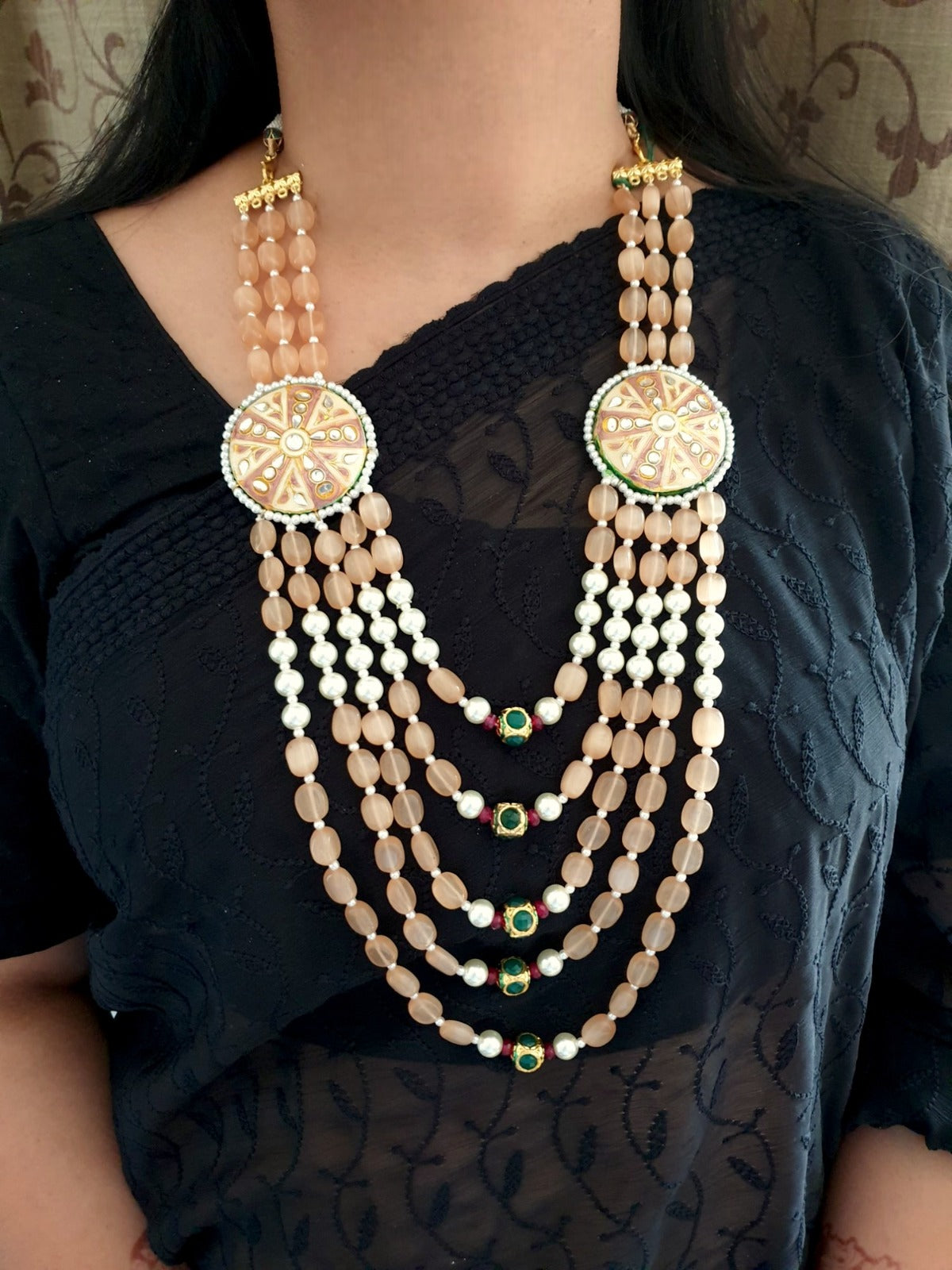 Peach Kundan Meenakari Brooch Long Necklace