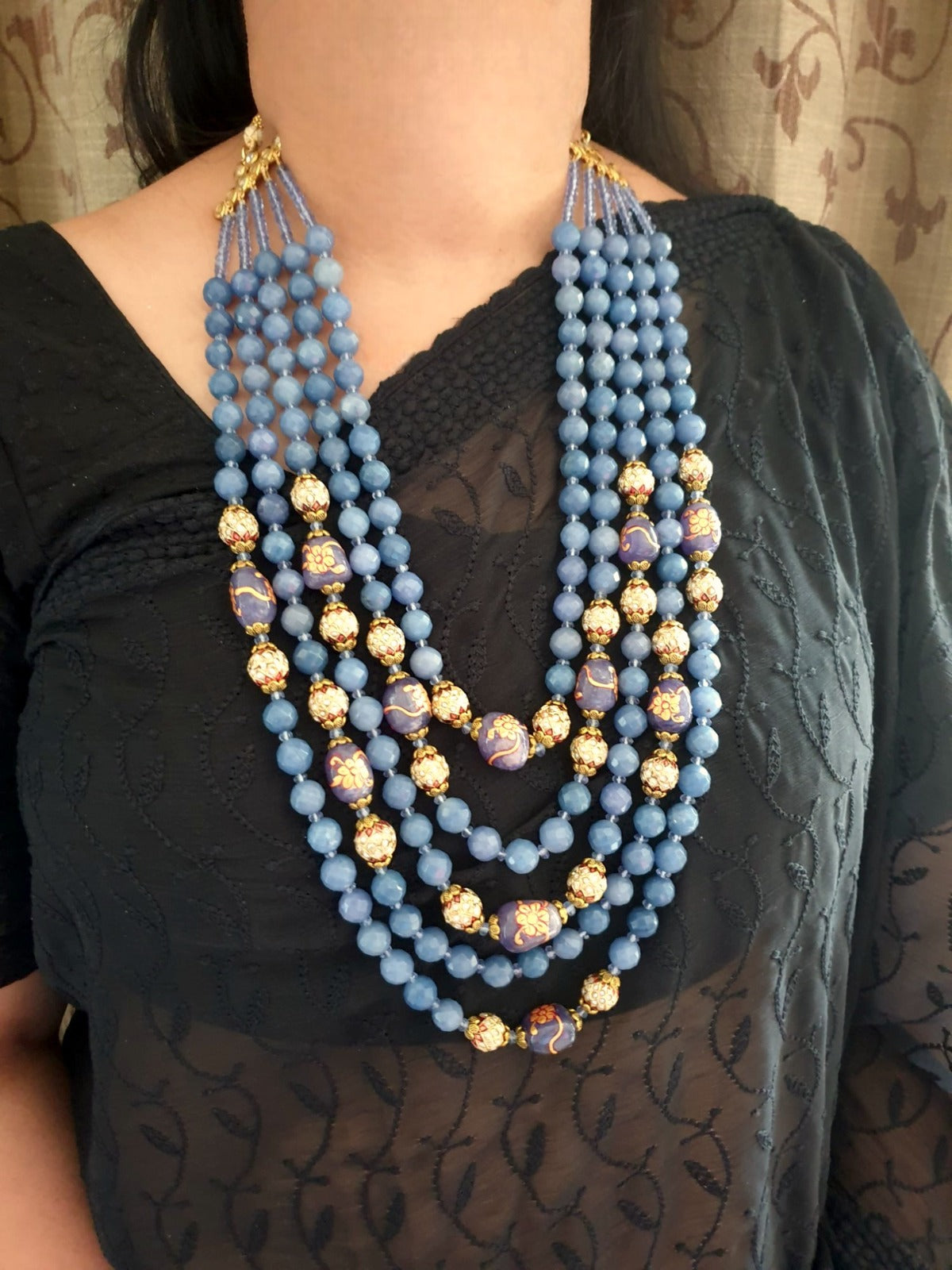 Ice Blue Stone Necklace Set With Handpainted Meenakari Beads