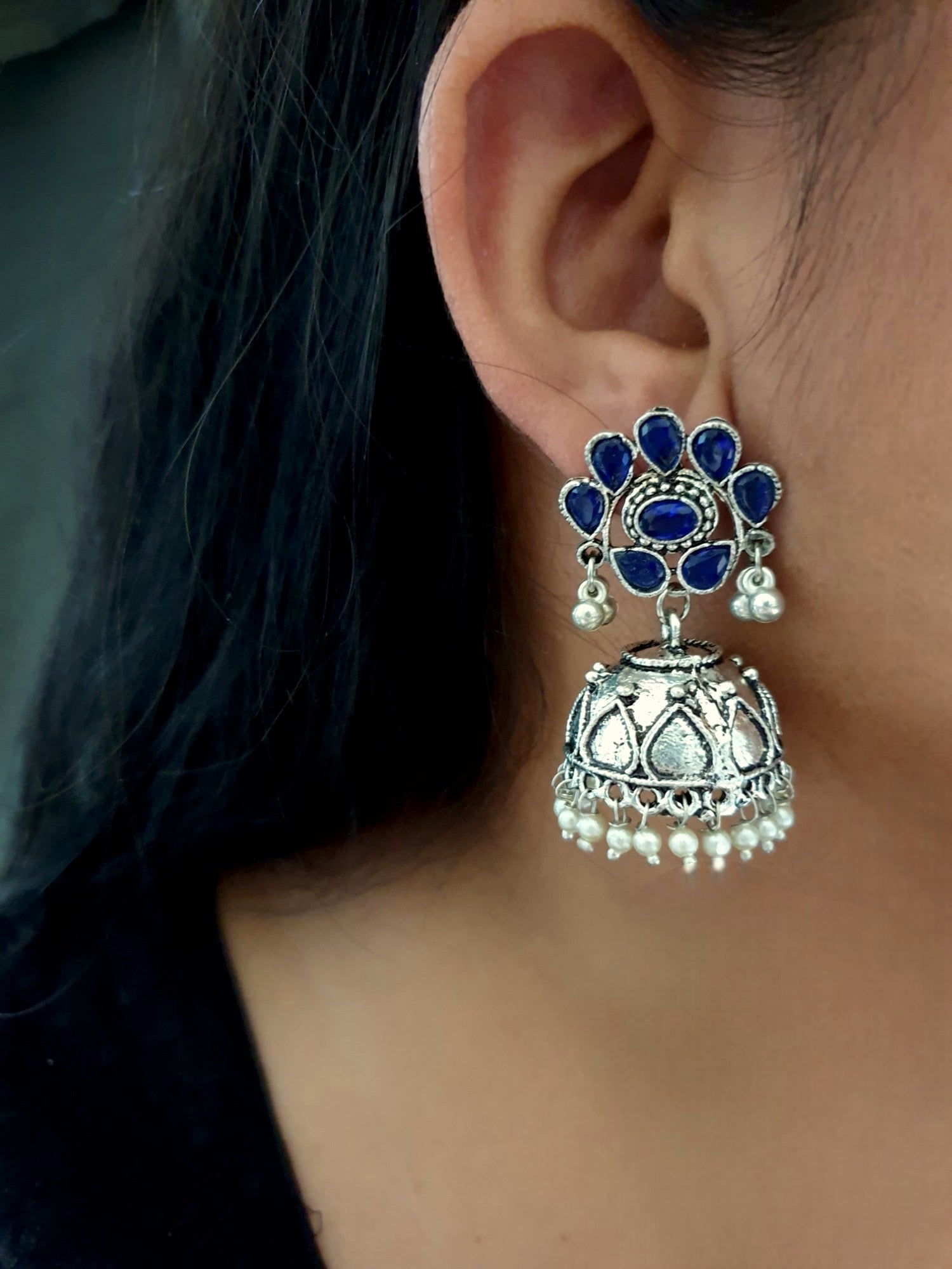 Blue Stone Oxidised Silver Jhumki Earrings