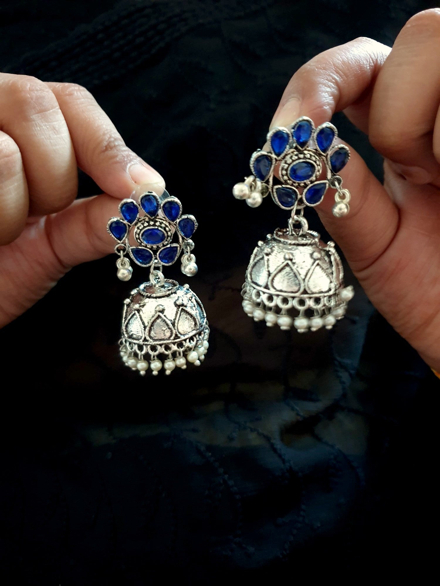 Blue Stone Oxidised Silver Jhumki Earrings