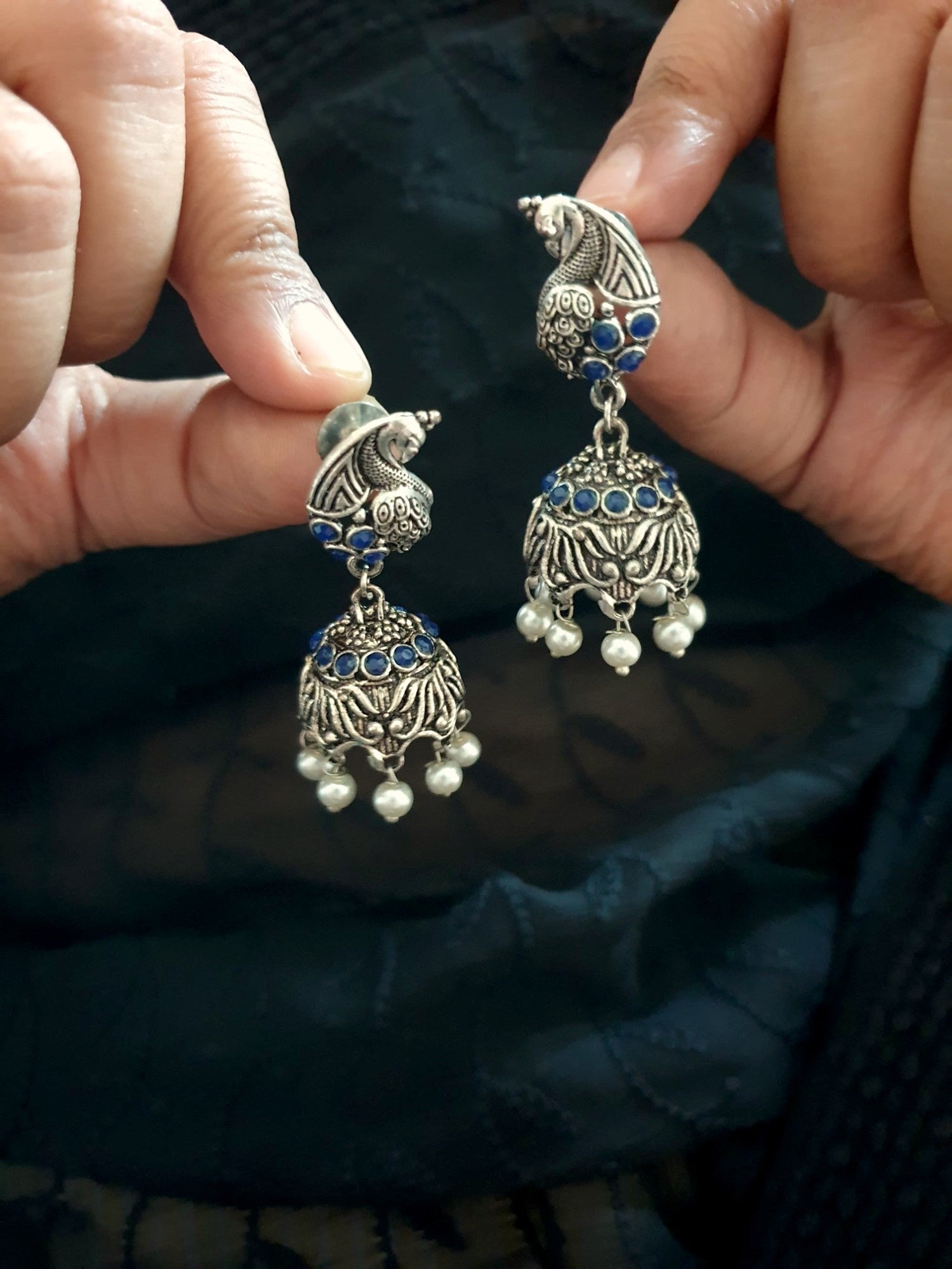 Blue Peacock Oxidised Silver Earrings