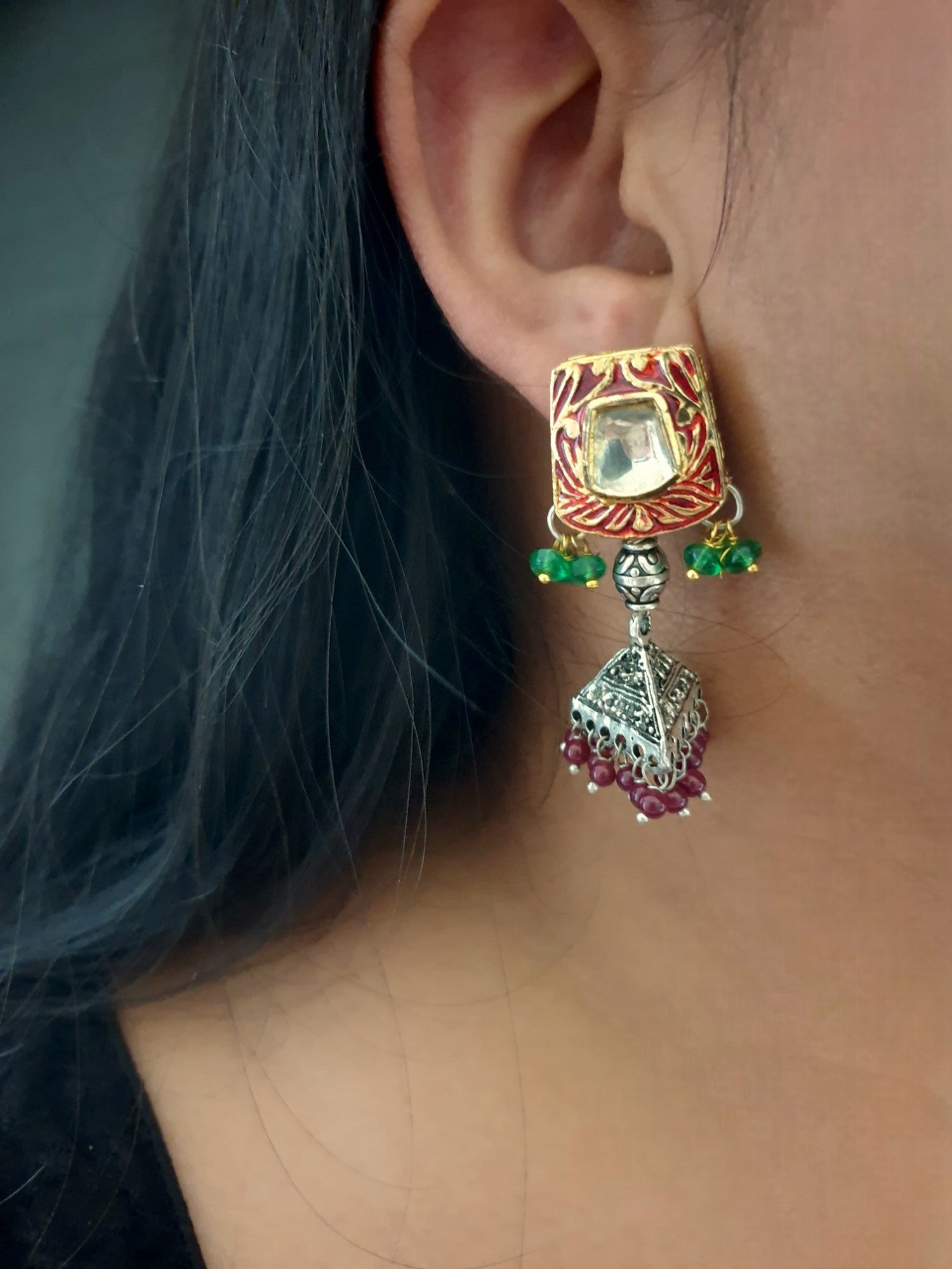 Red Green Kundan Meenakari Oxidised Silver Jhumki Earrings