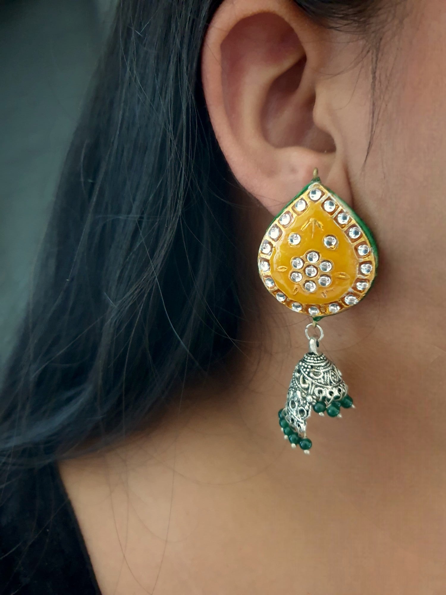 Yellow Tear-Drop Design Kundan Meenakari Jhumki Earrings