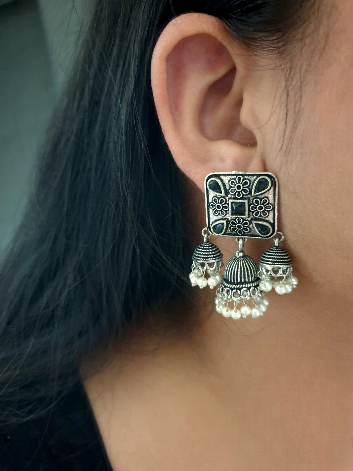 Black Stone Oxidised Silver Jhumki Earrings