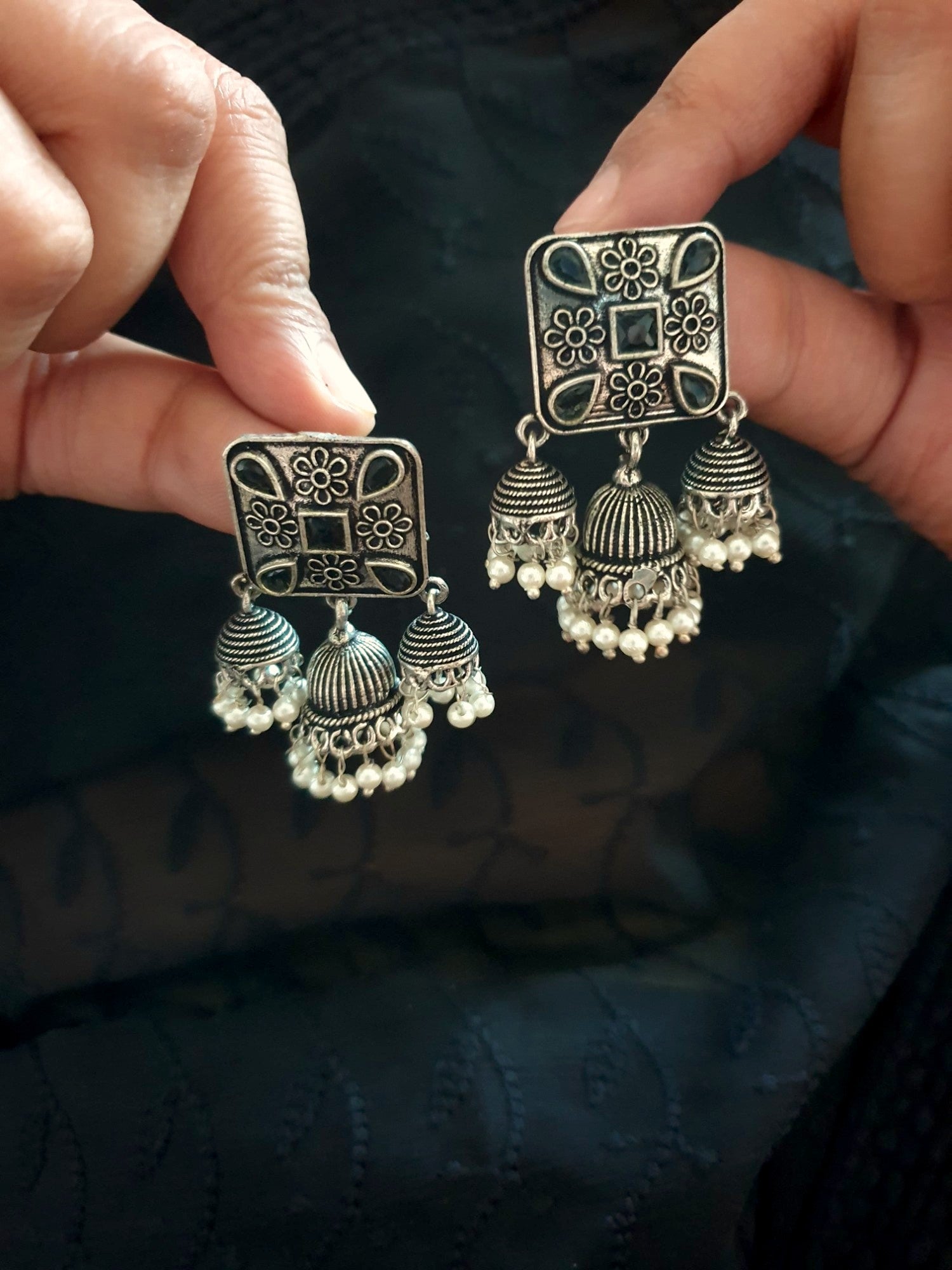 Black Stone Oxidised Silver Jhumki Earrings