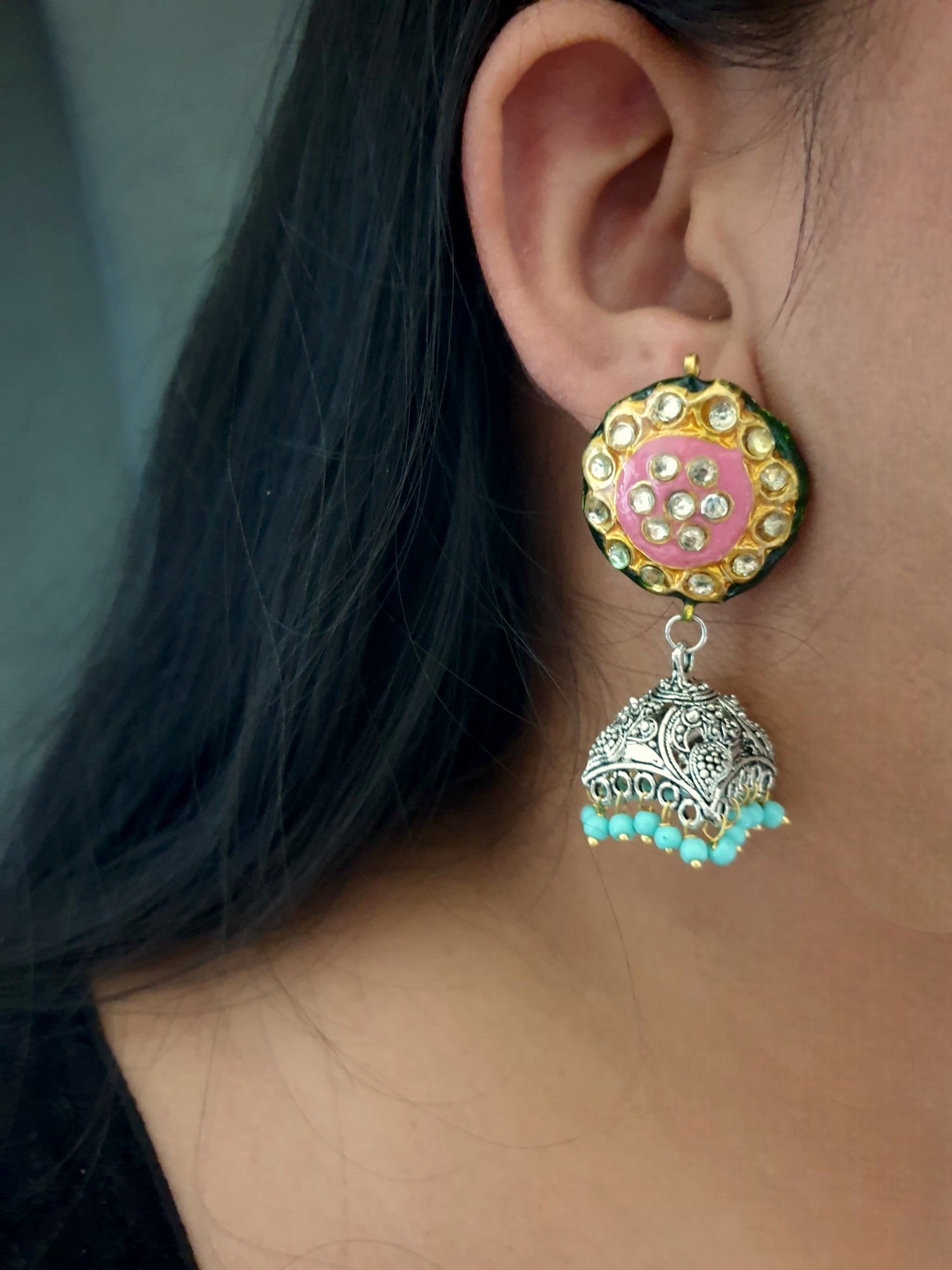 Pink Kundan Meenakari Oxidised Jhumki Earrings