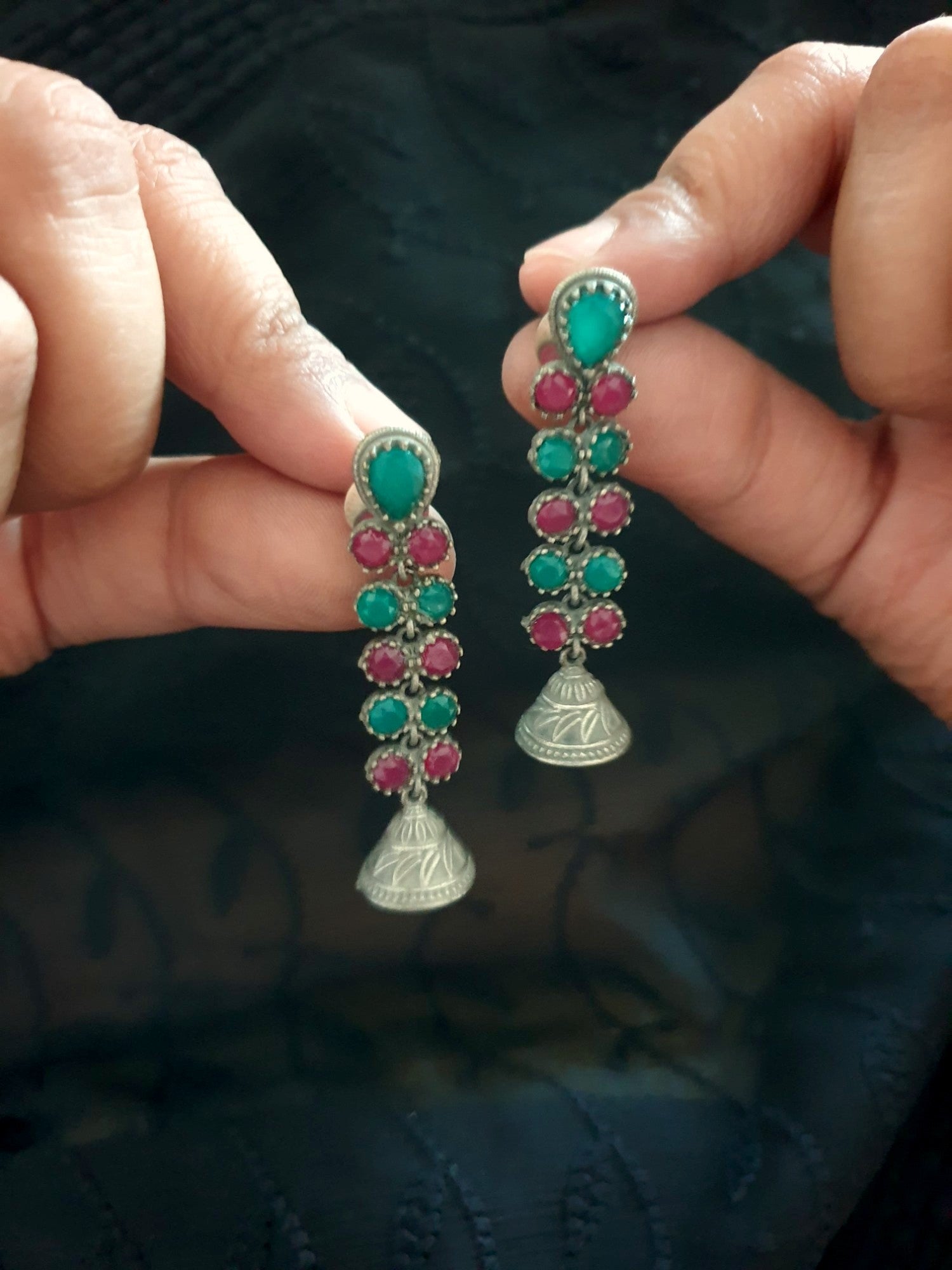 Red Green Stone Oxidised Silver Long Earrings