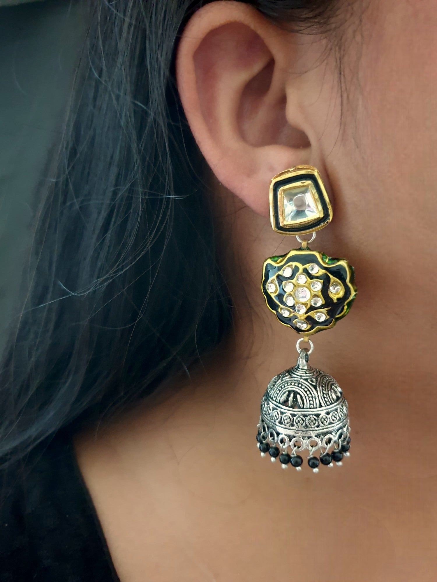 Black Kundan Meenakari Oxidised Silver Jhumki