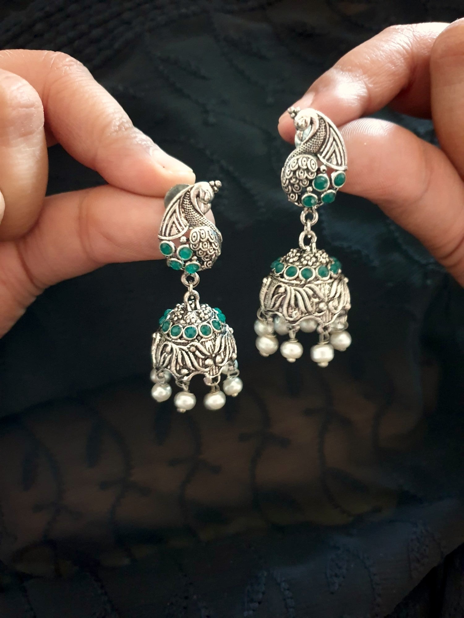 Green Peacock Oxidised Silver Earrings