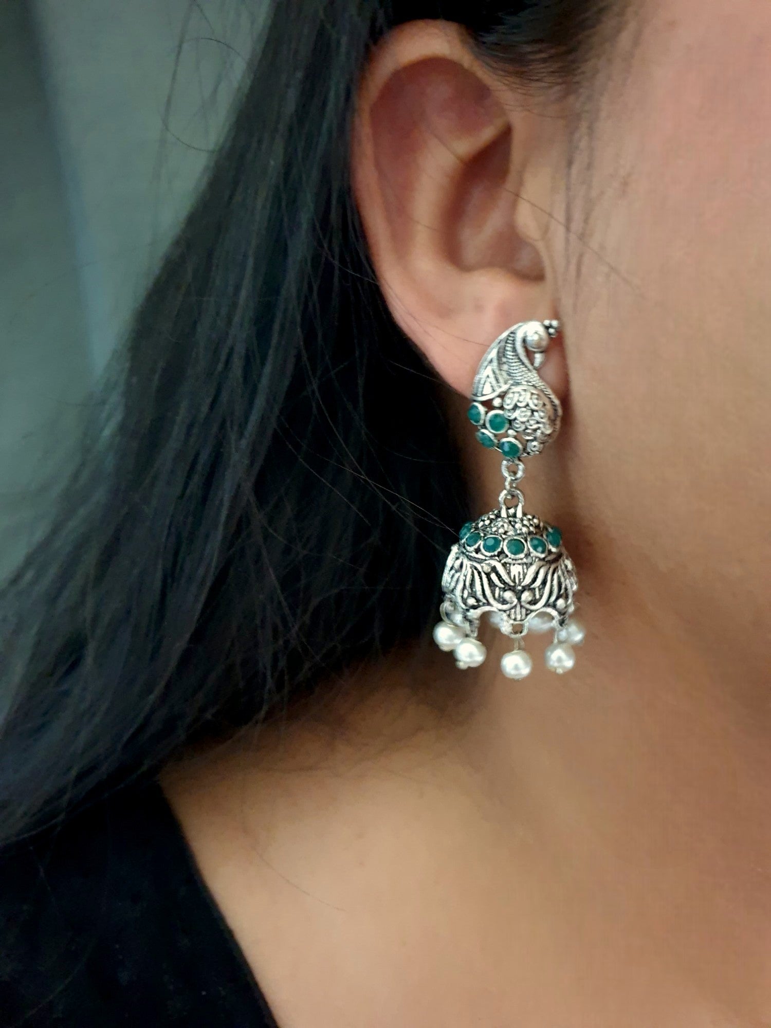 Green Stone Peacock Oxidised Silver Earrings