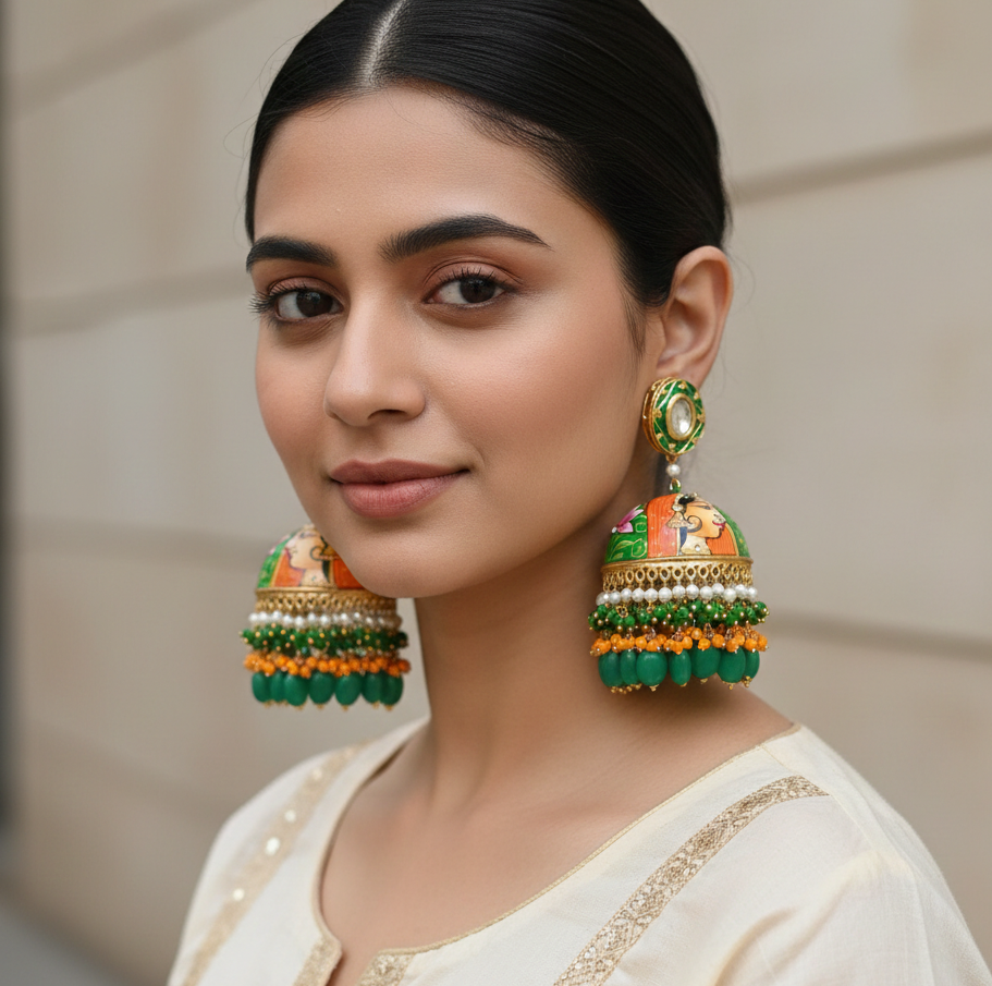 Green Orange Hand Painted Kundan Jhumka Earrings