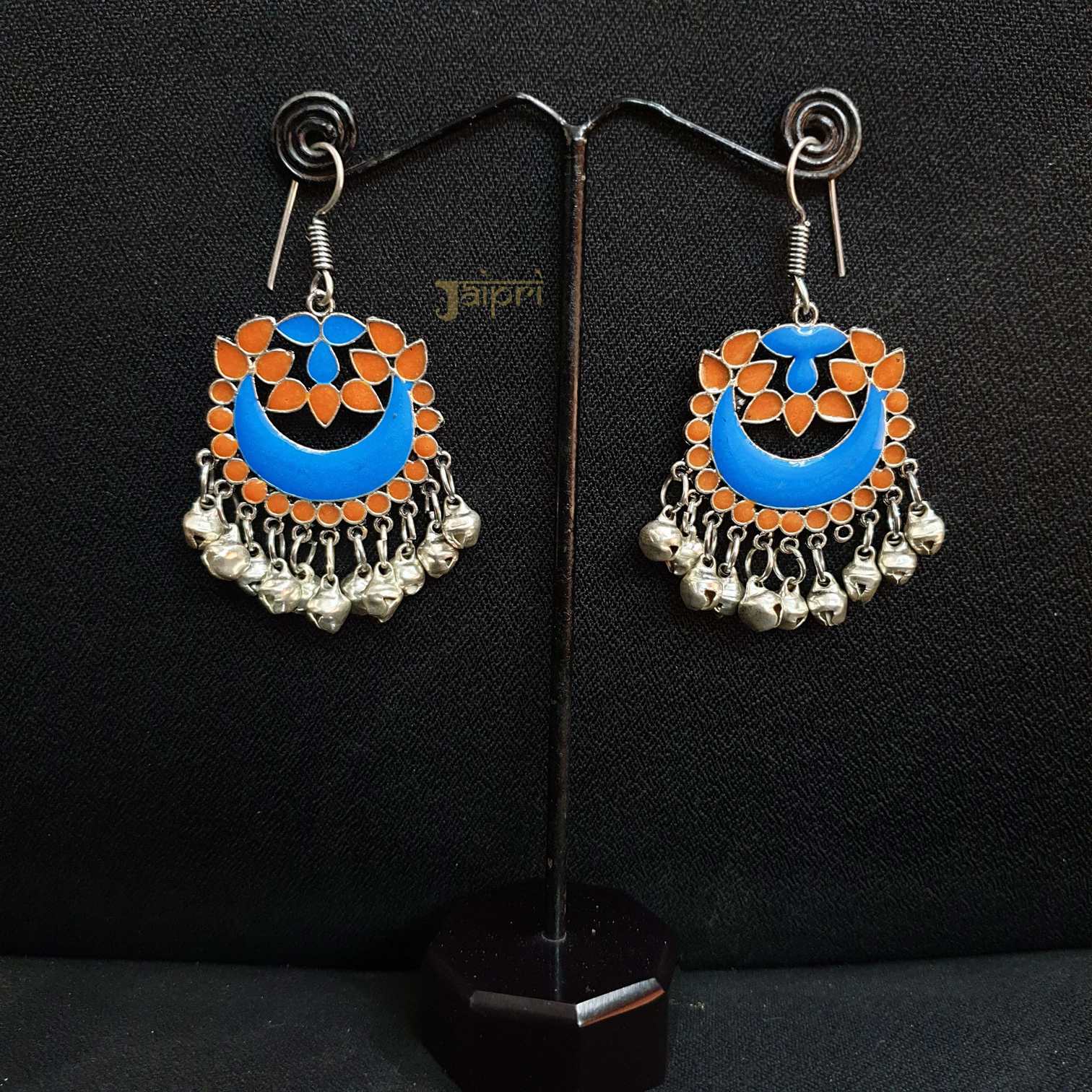 Blue Orange Afghani Oxidised Silver Earrings