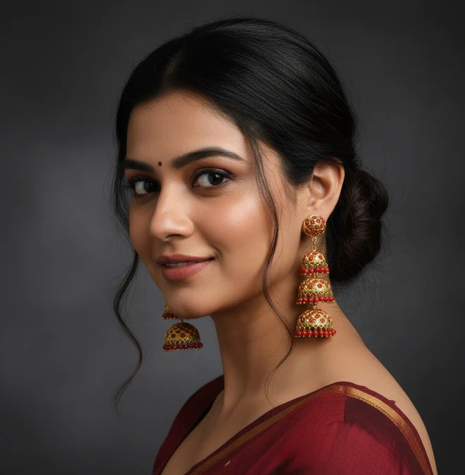 Three Layer Jhumki Gold Design Munga Stone Earrings