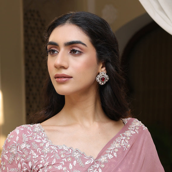 Ruby Red Stone Moissanite Kundan Polki Studs Earrings