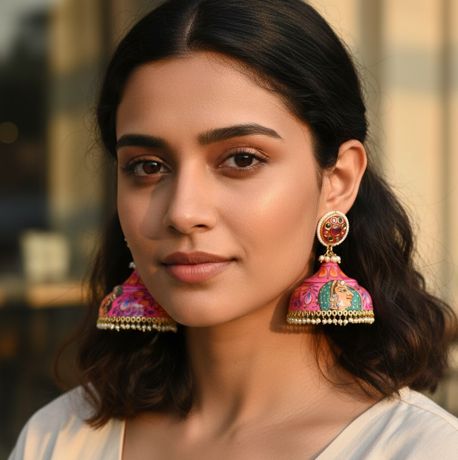 Pink Hand Painted Lightweight Jhumka Earrings