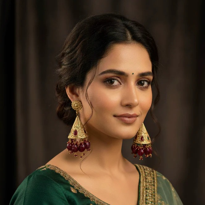 Gold Tone Ruby Stone Gold Jhumki Earrings