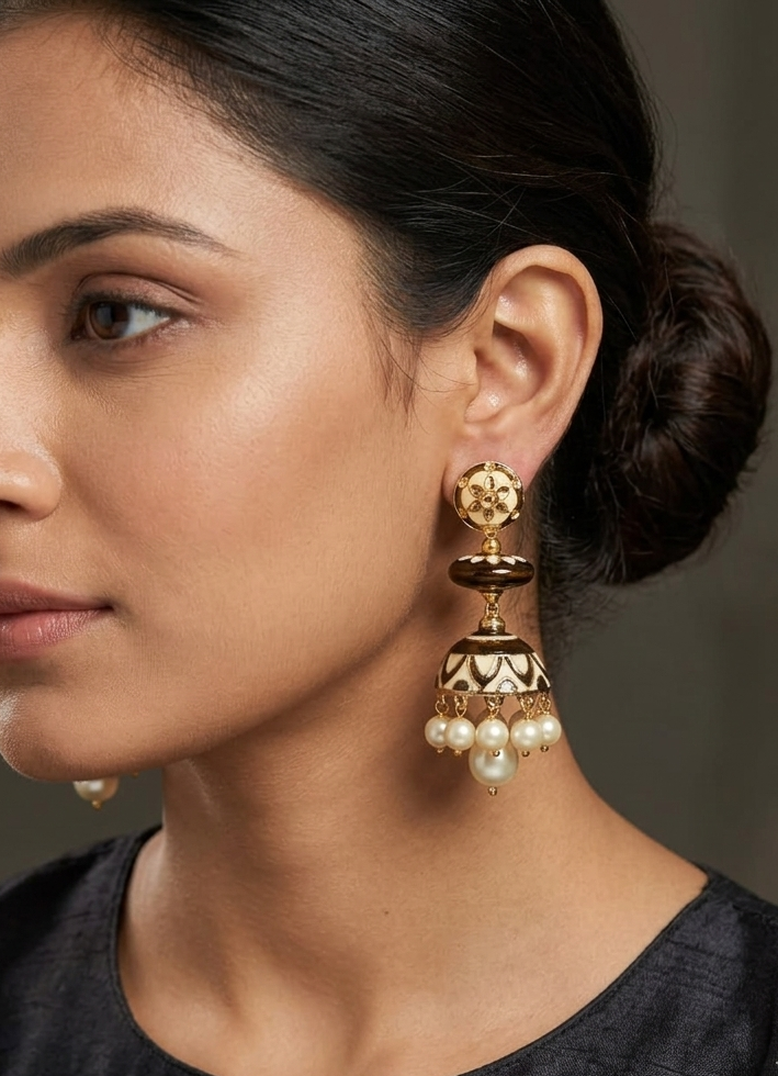 Golden Beige Meenakari Jhumka Earrings