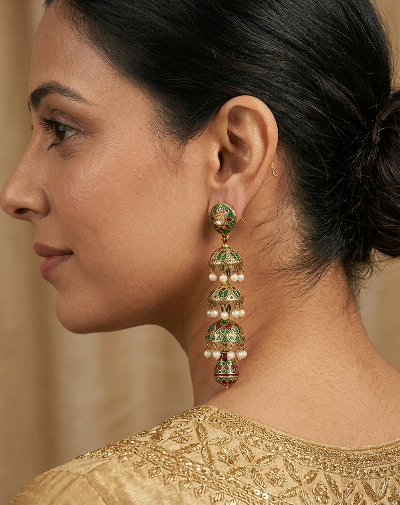 Gold Tone Green Meenakari Long Jhumka Earrings