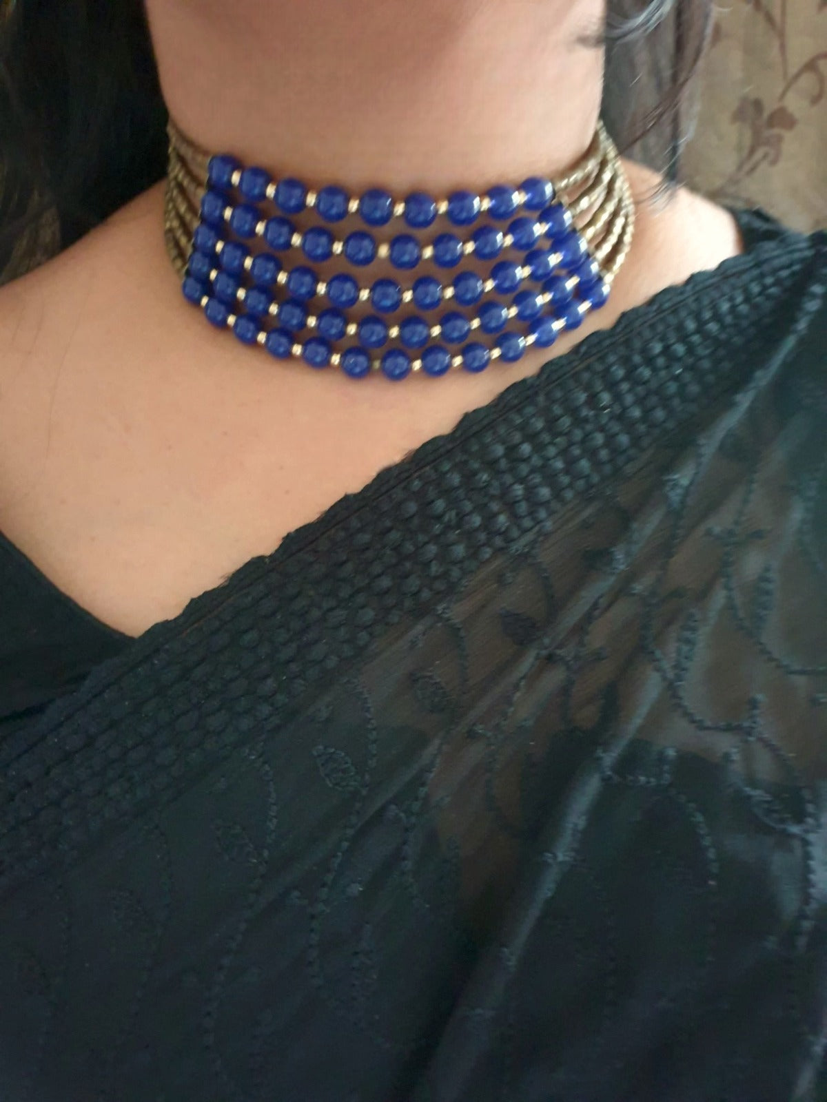 Dark Blue Beaded Adjustable Choker Necklace