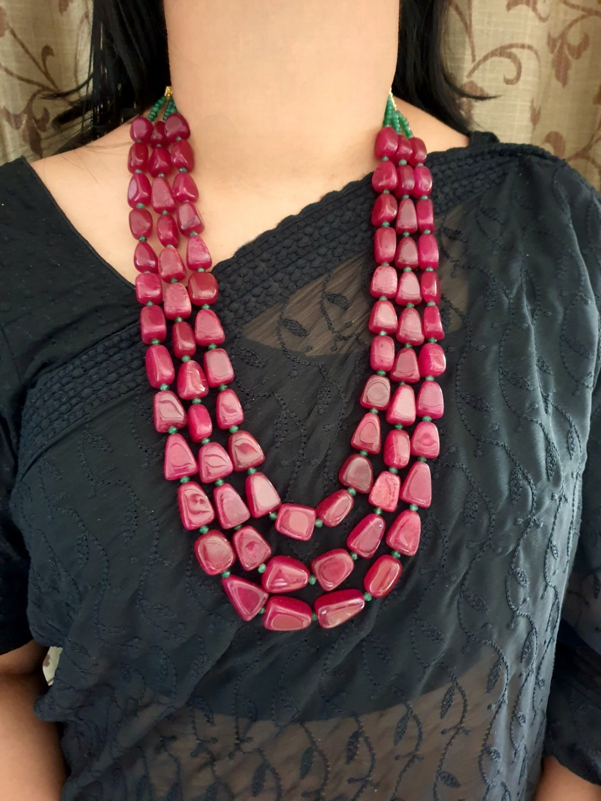 Ruby Beaded Long Layered Necklace Set