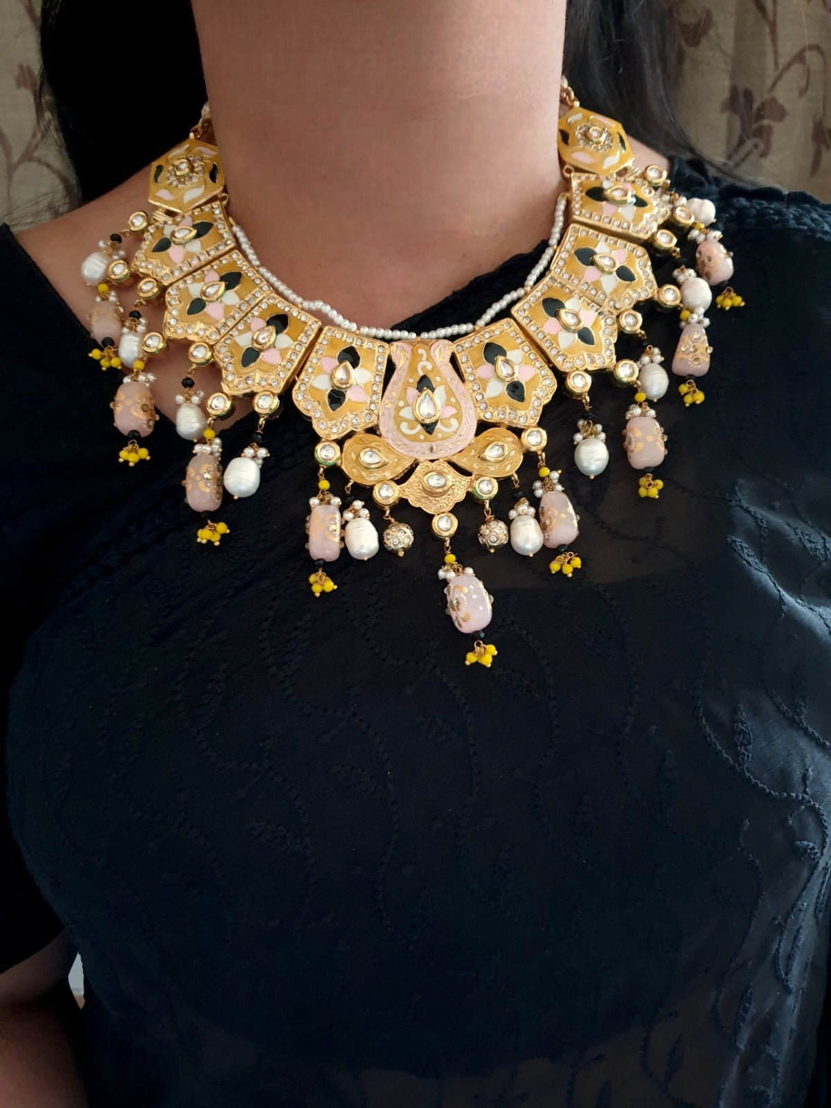 Yellow Meenakari Choker Set With Maangtikka And Earrings