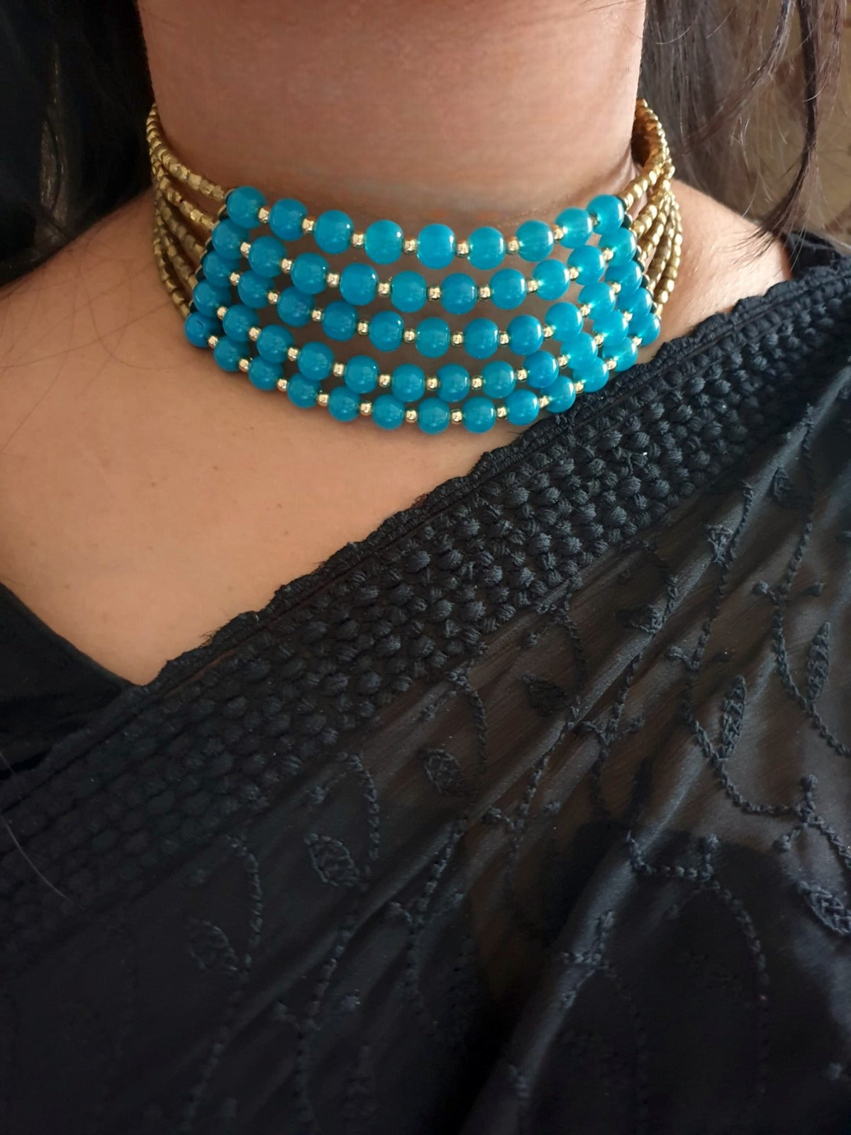 Sky Blue Beaded Adjustable Choker Necklace