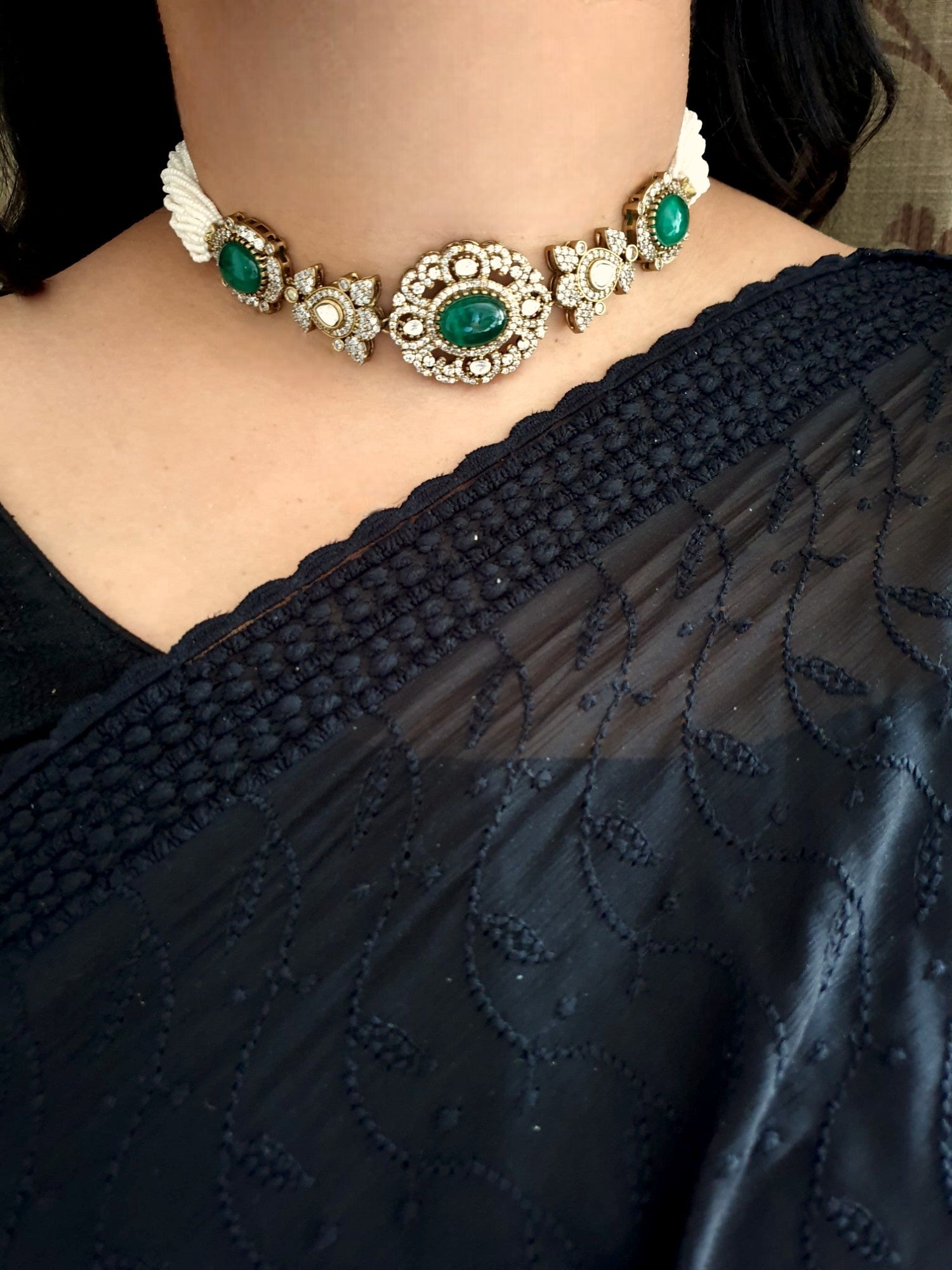 Emerald Polki Stone Kundan Choker Necklace With Studs