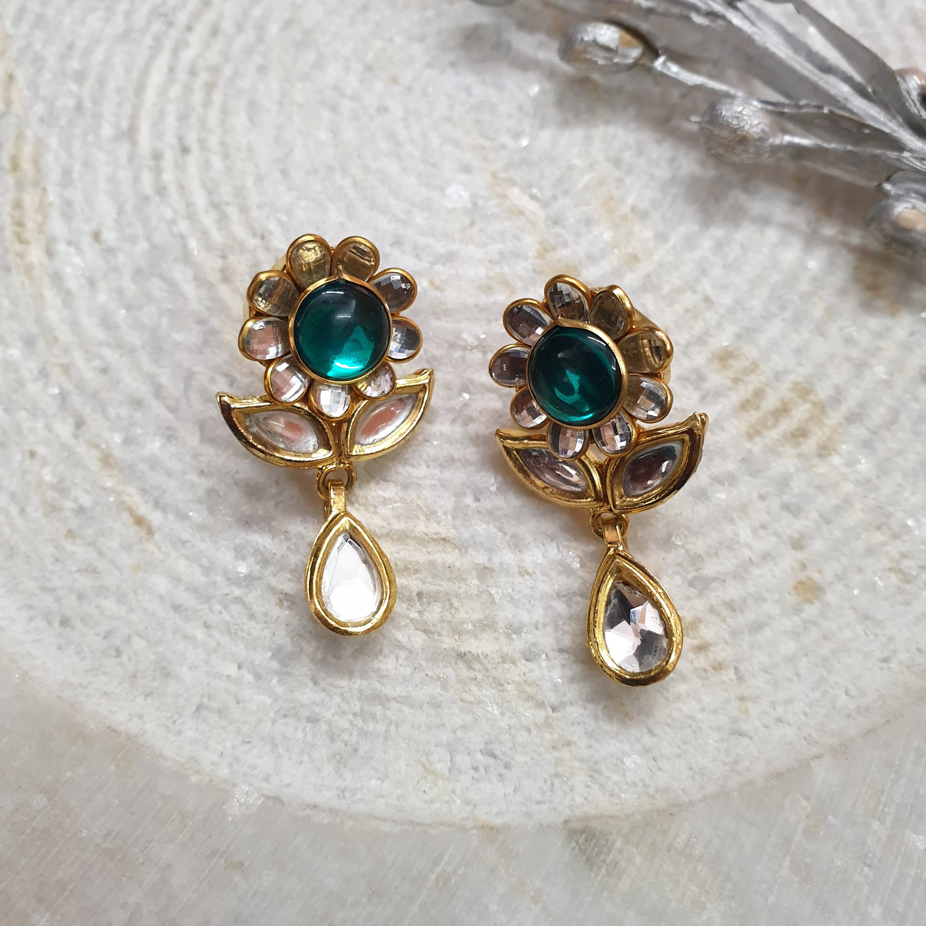 22k Gold Plated Emerald Stone Floral Kundan Earrings