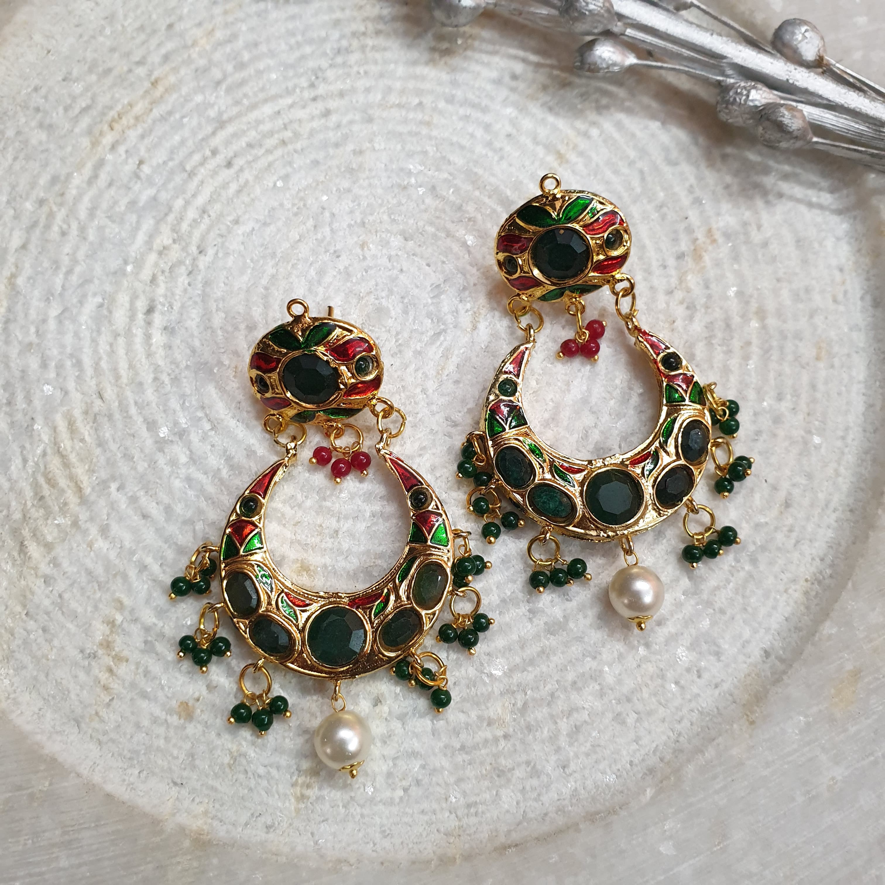 Emerald Green Stone Jadau Chandbali Earrings