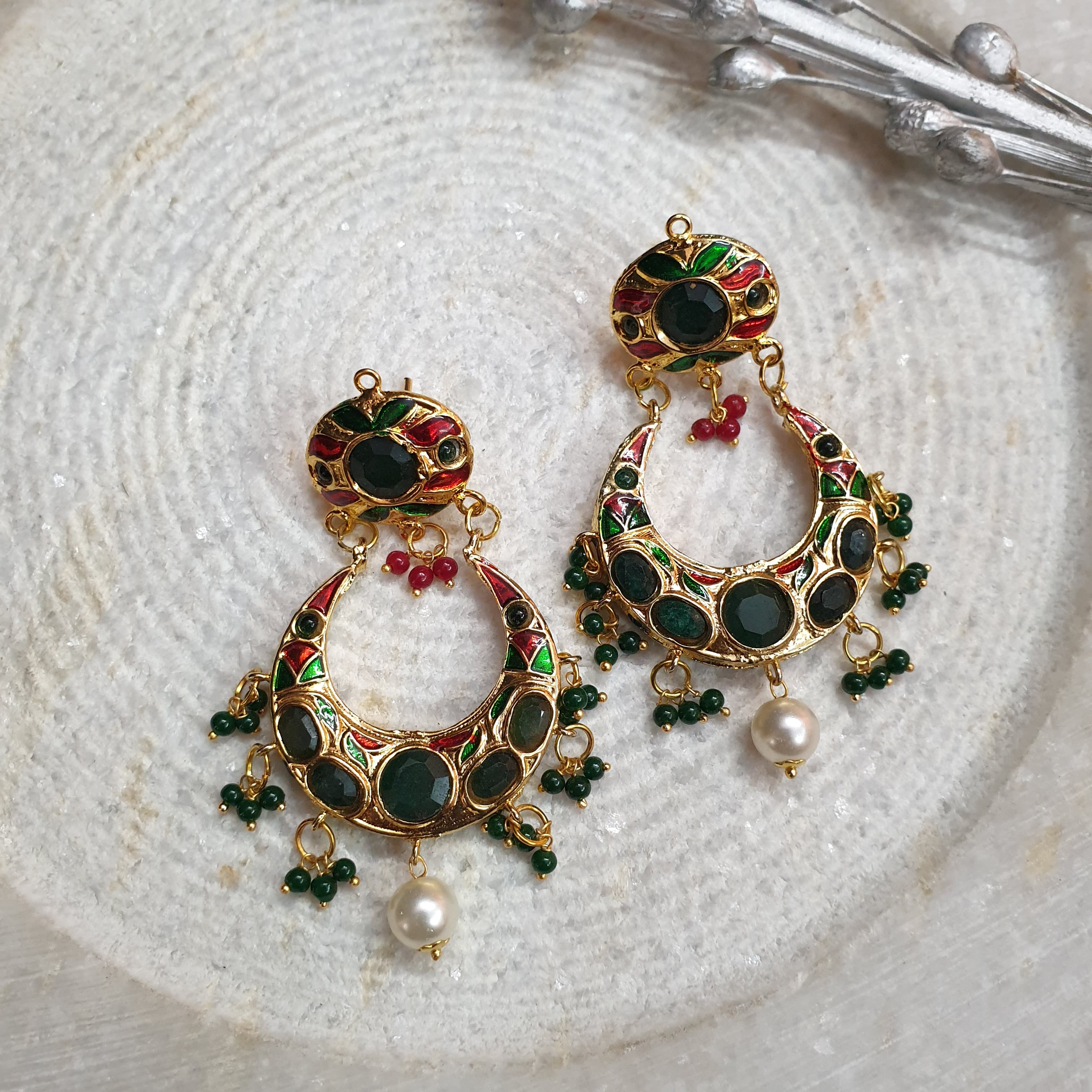 Emerald Stone Jadau Chandbali Earrings