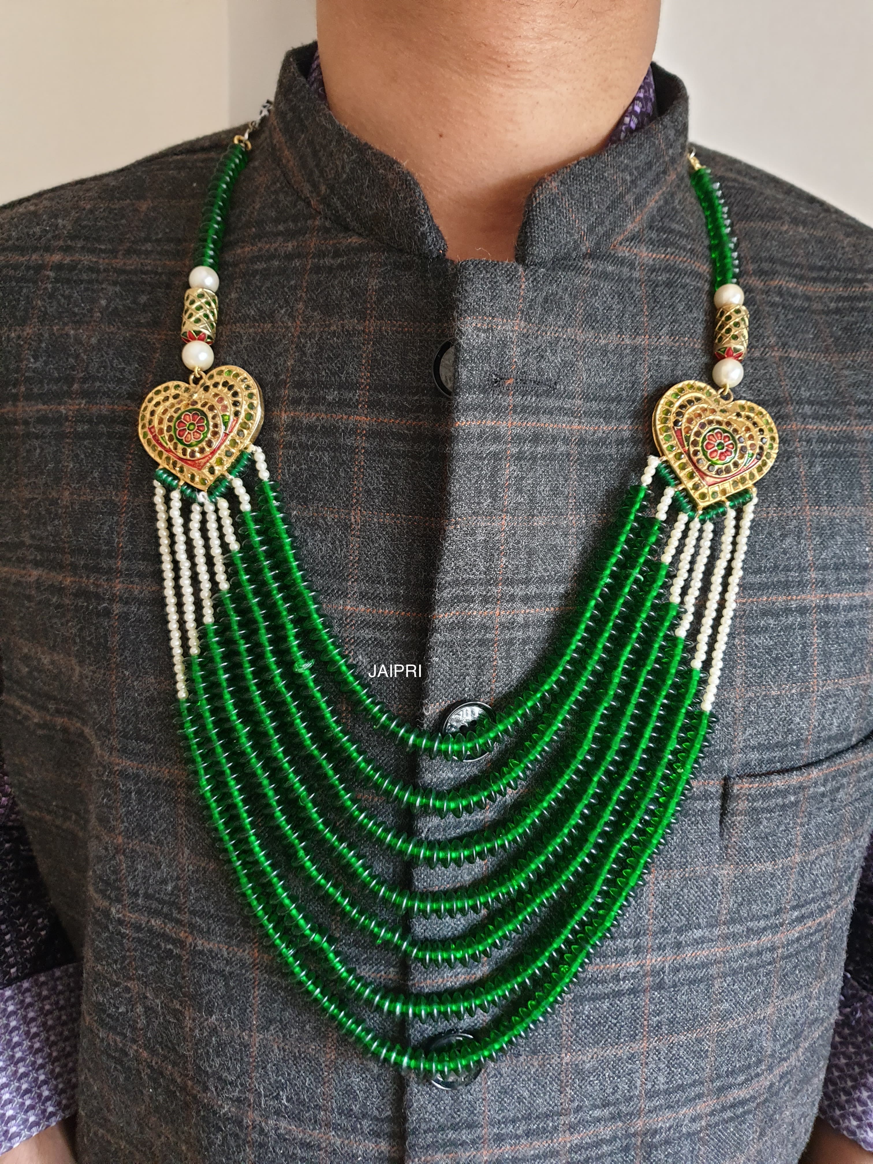 Five Layered Green Stone Jadau Groom Necklace