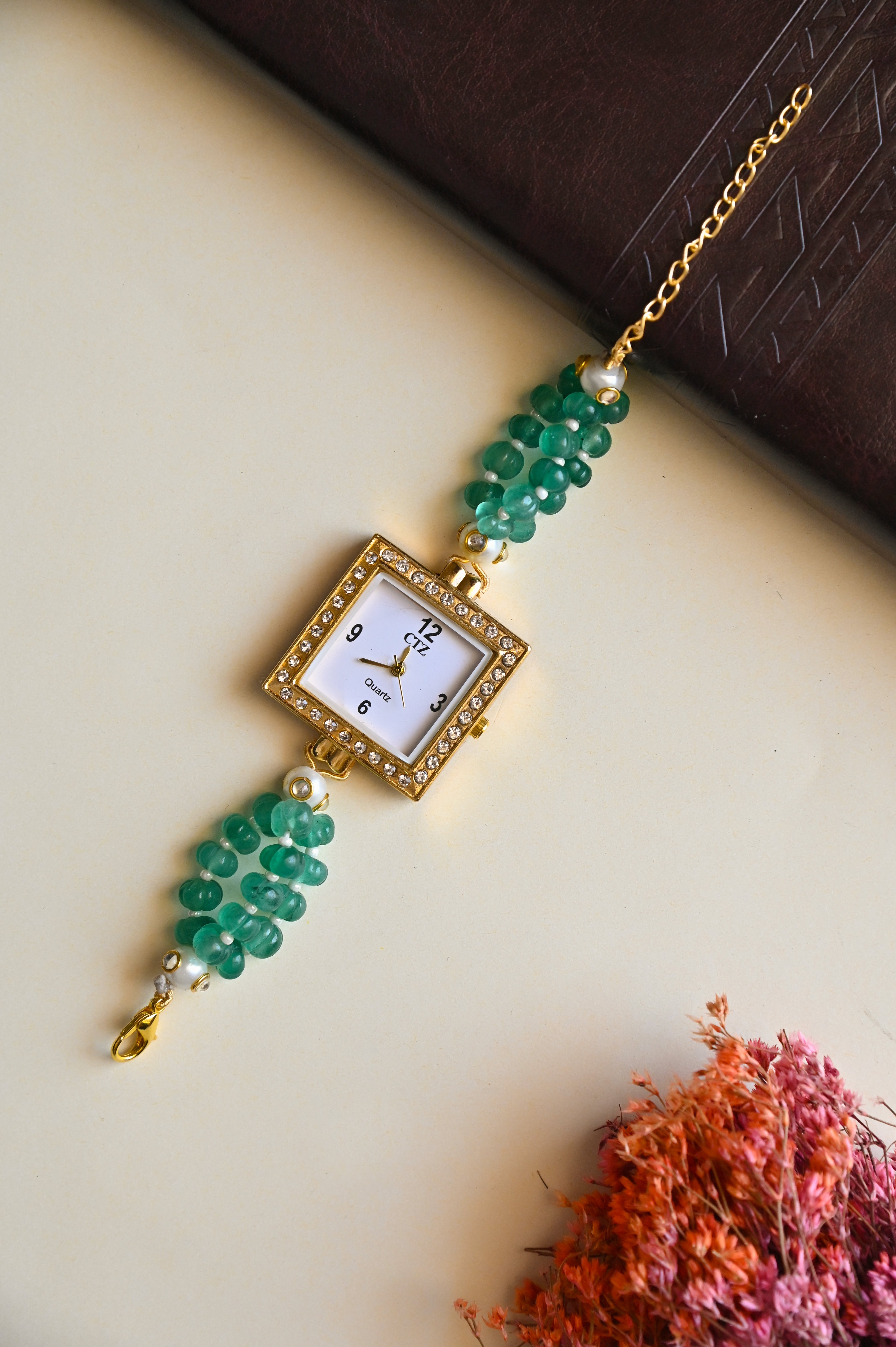 Emerald Green Pumpkin Beads Wrist Watch