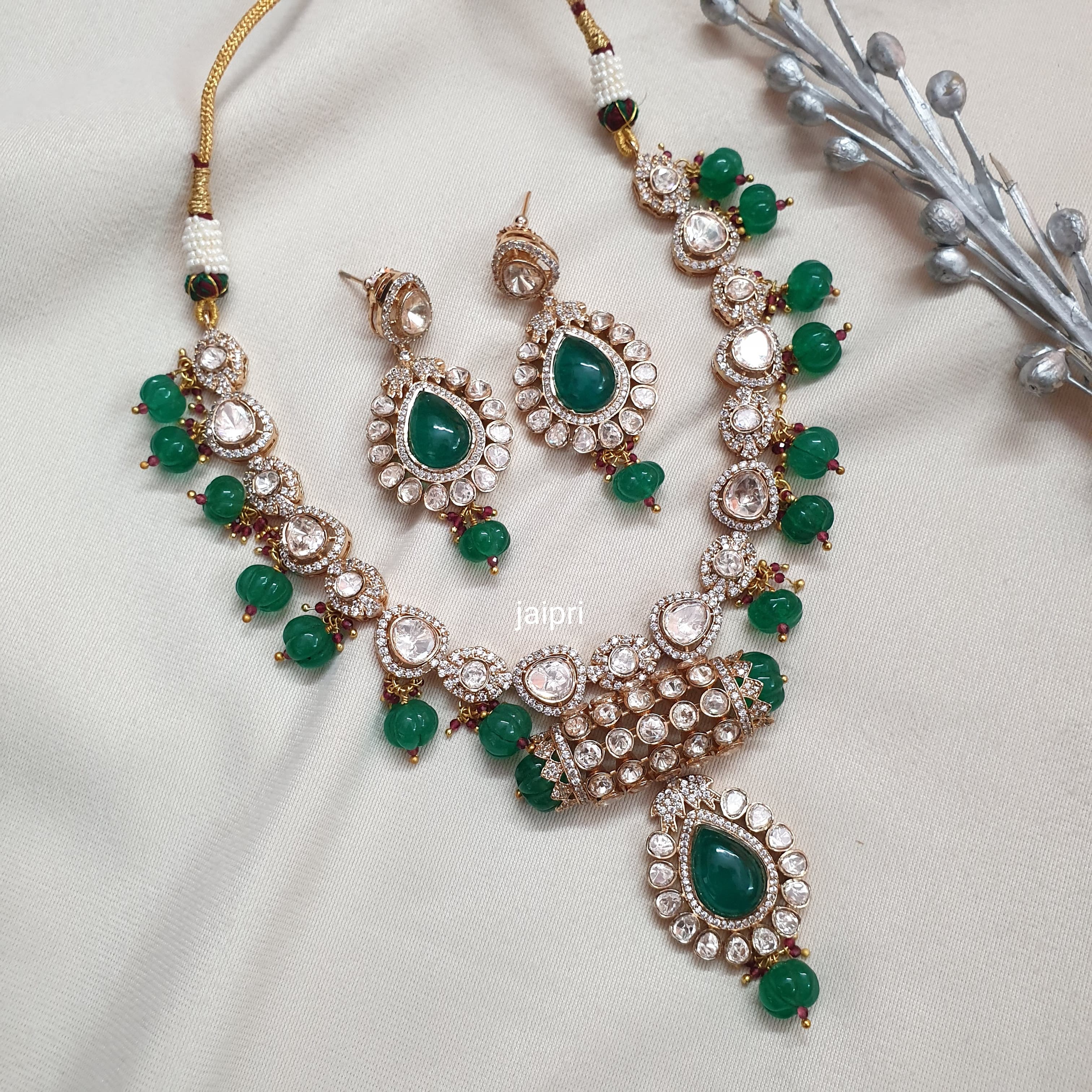 Champagne Kundan Polki Necklace Set With Emerald Pumpkin Beads