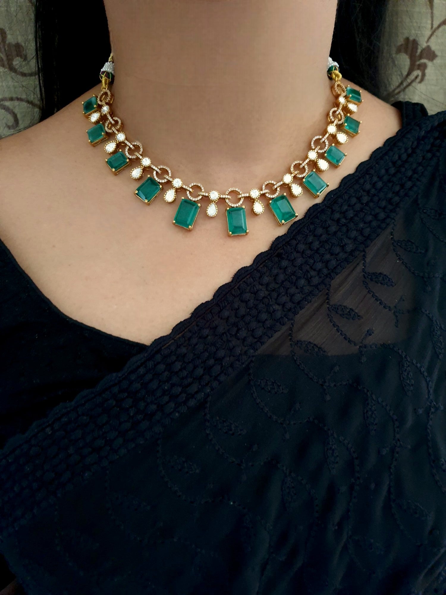 Emerald Polki American Diamond Necklace