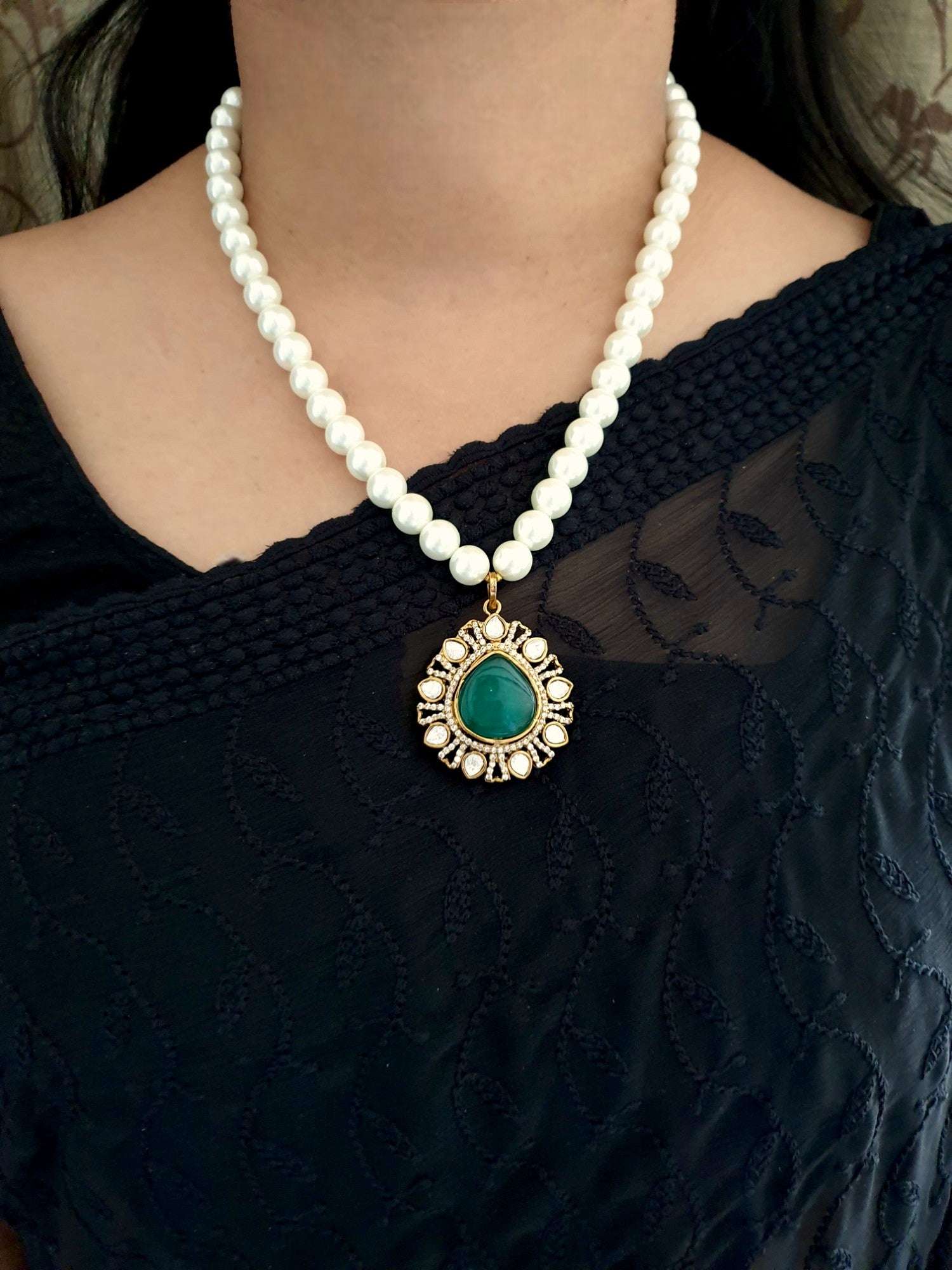 Emerald Stone Polki Drop Pearl Pendant Set