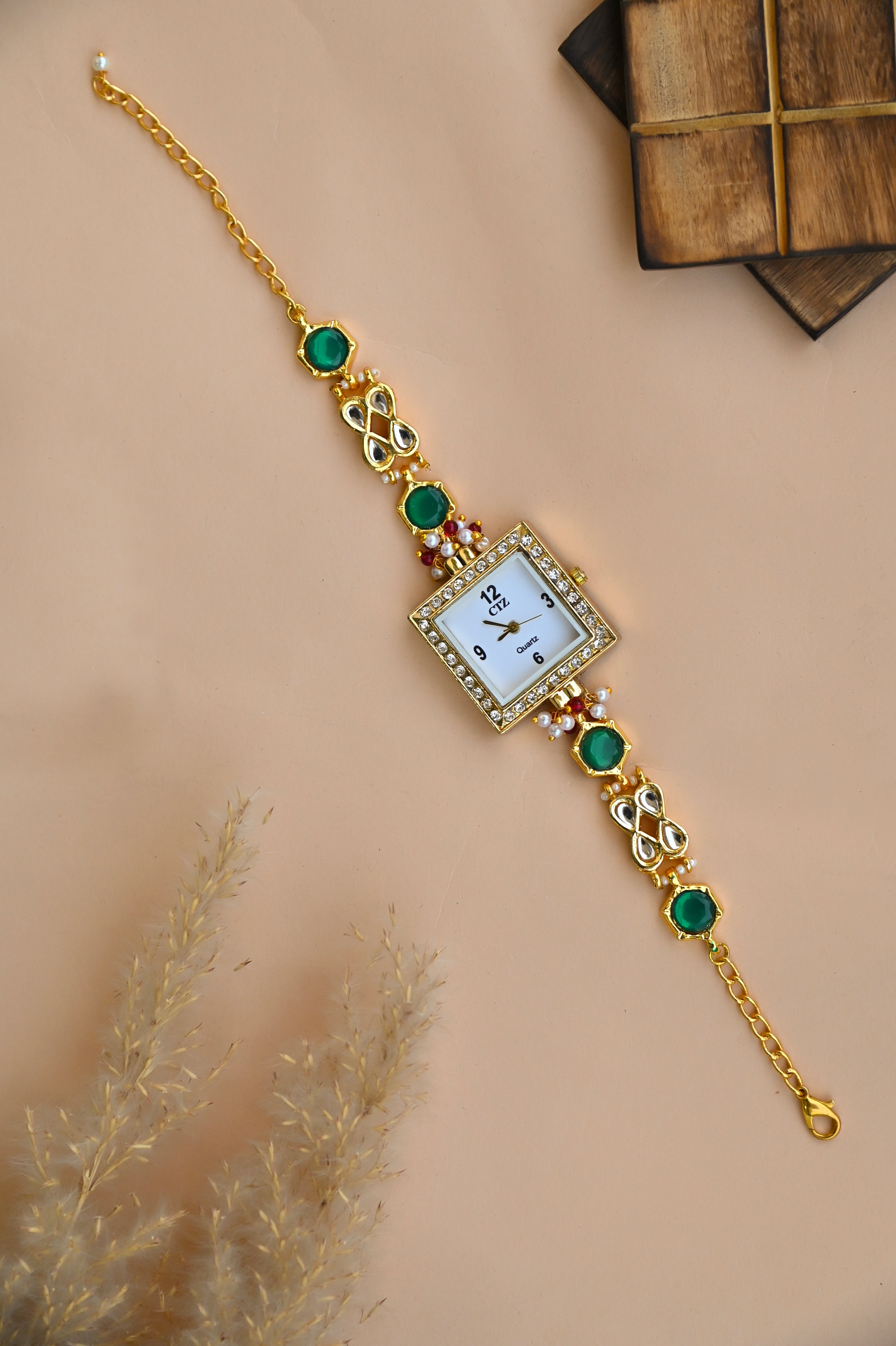 Green Kundan Wrist Watch