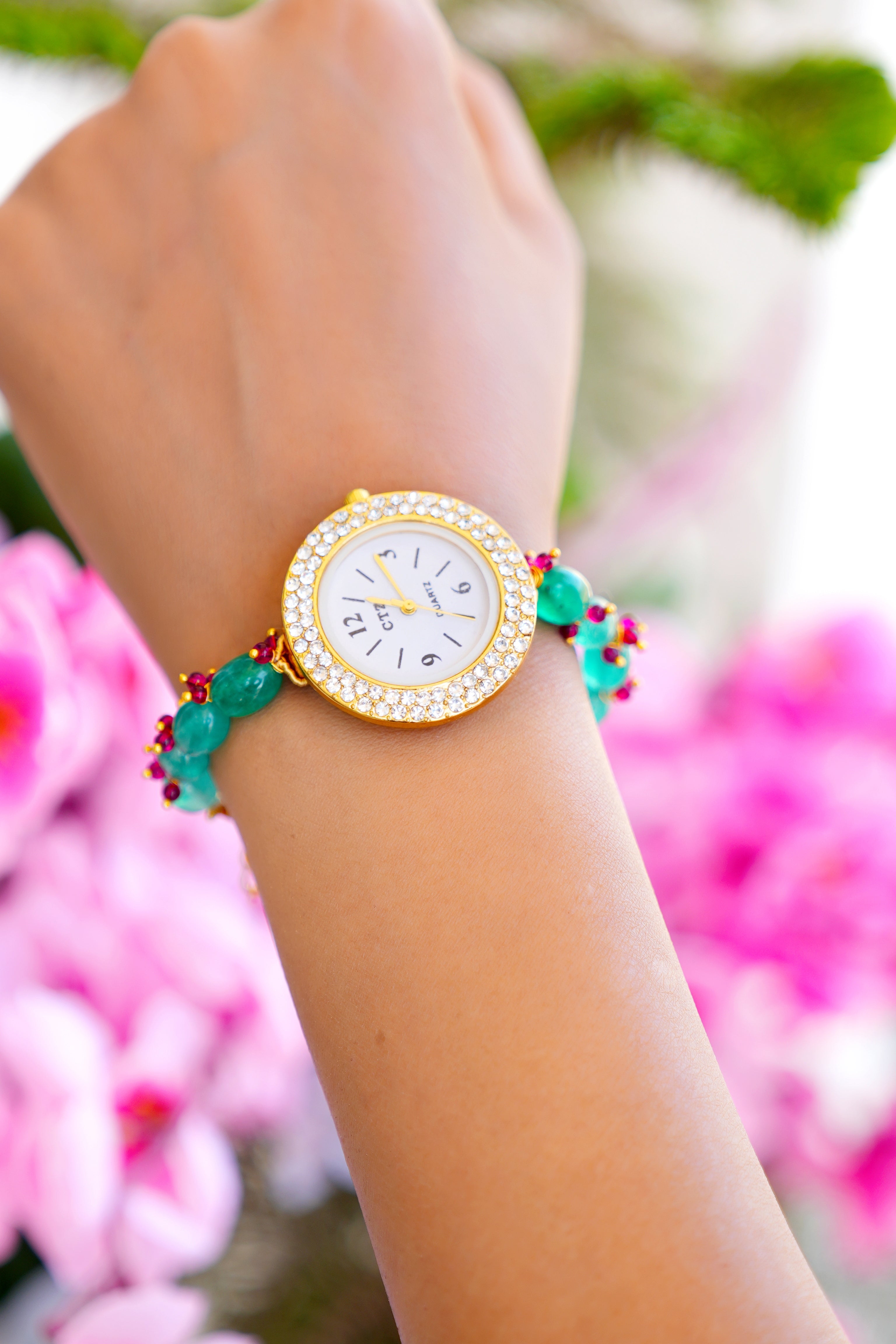 Emerald Green Stone Beaded Wrist Watch