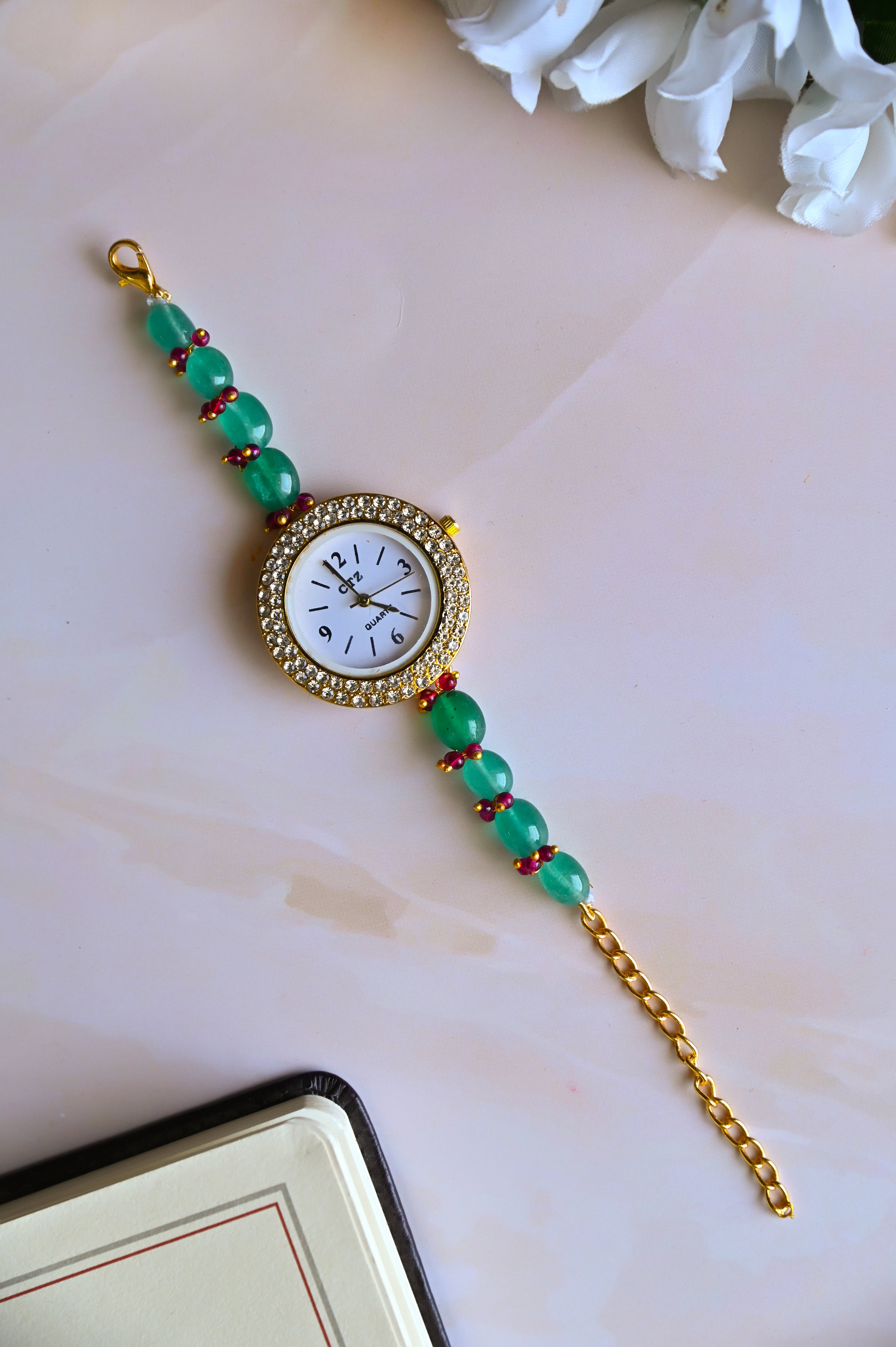 Emerald Green Stone Beaded Wrist Watch