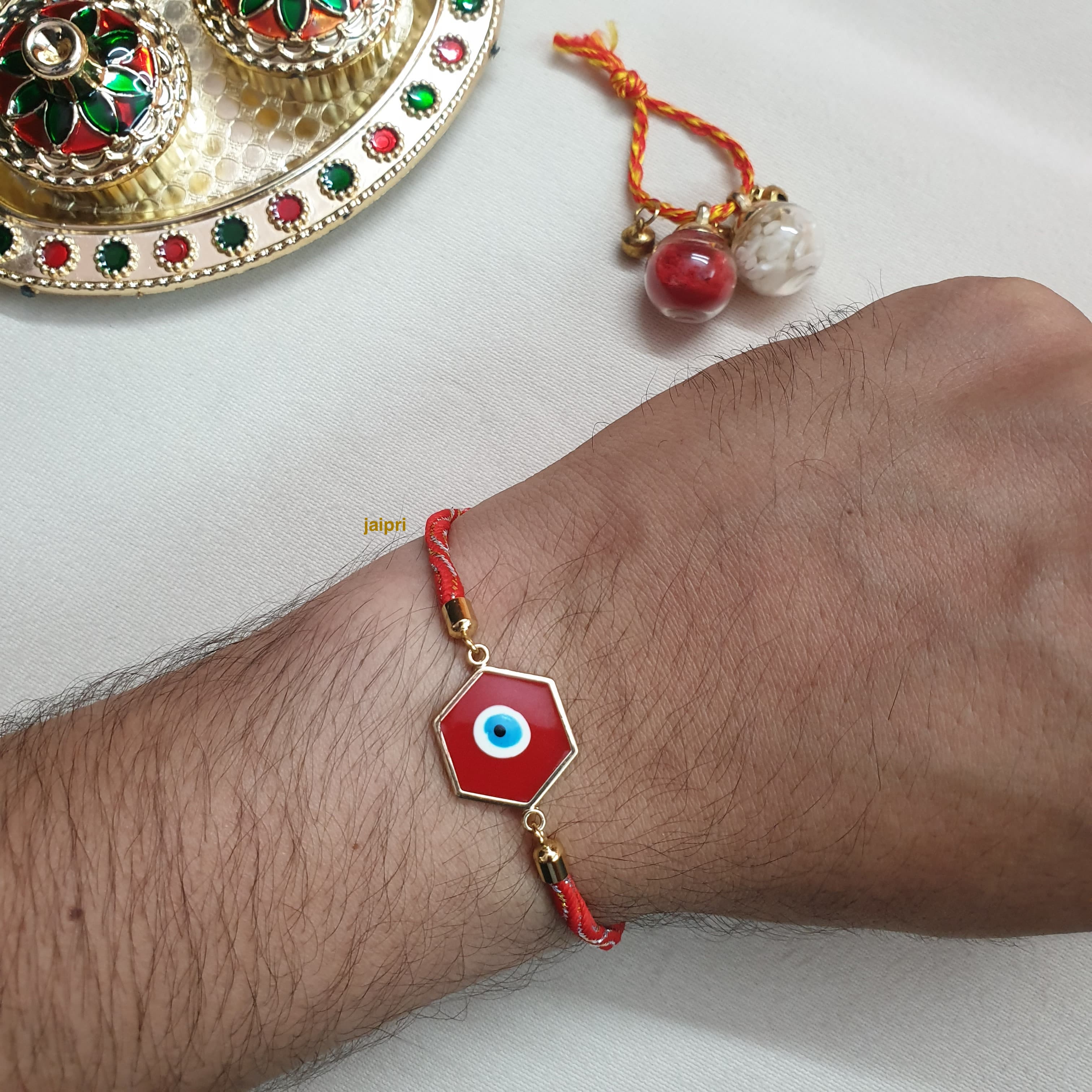 Red Hexagon Evil Eye Bracelet Rakhi