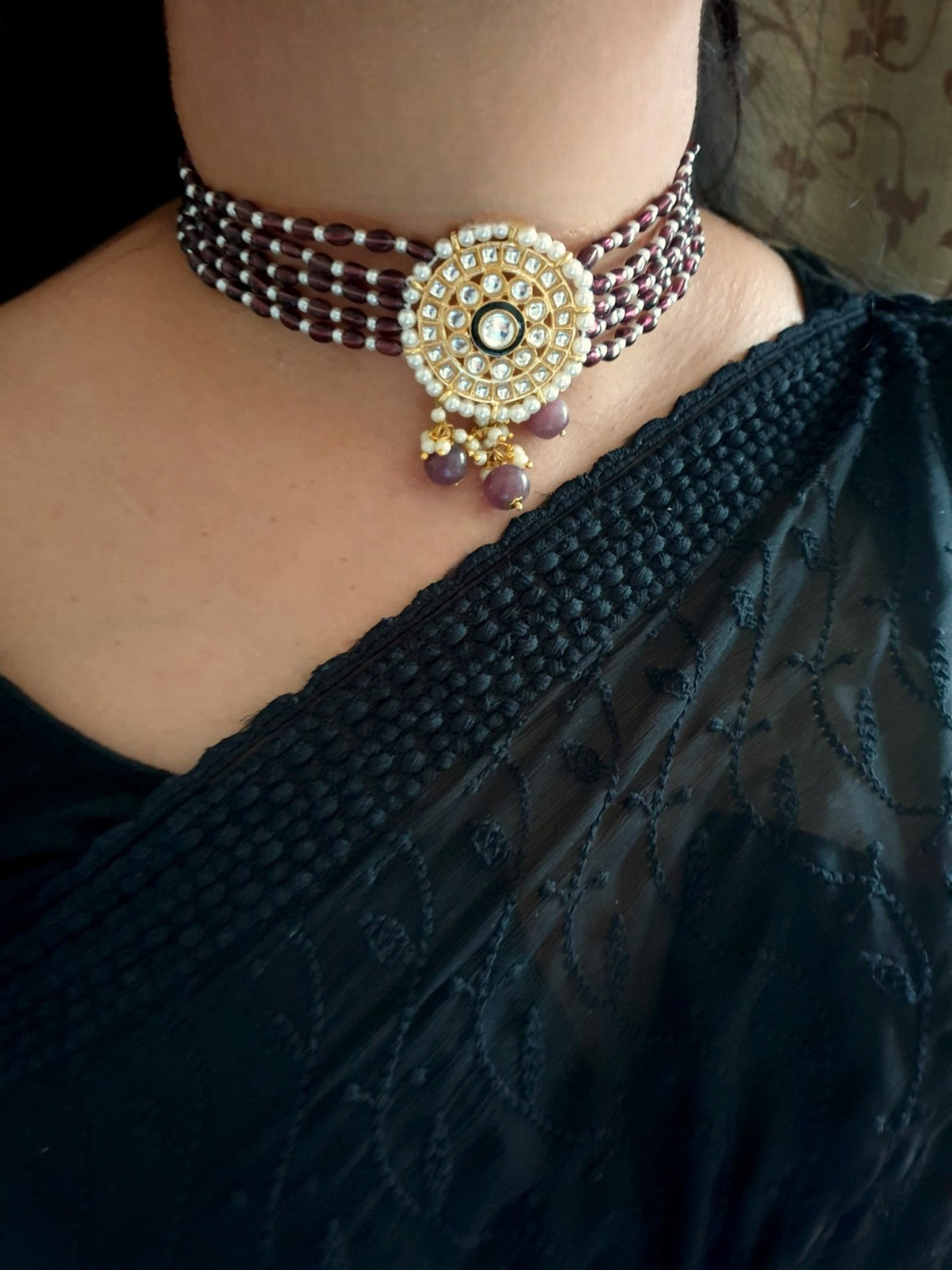 Amethyst Beaded Kundan Choker Set With Earrings