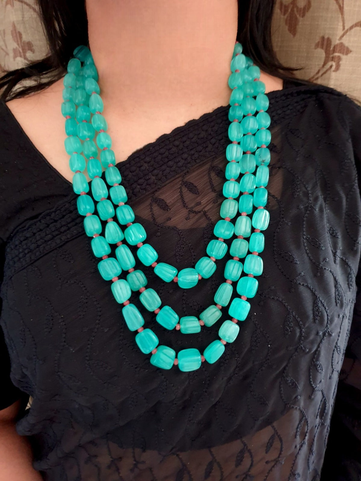 Green Carving Beaded Three Layered Long Necklace Set
