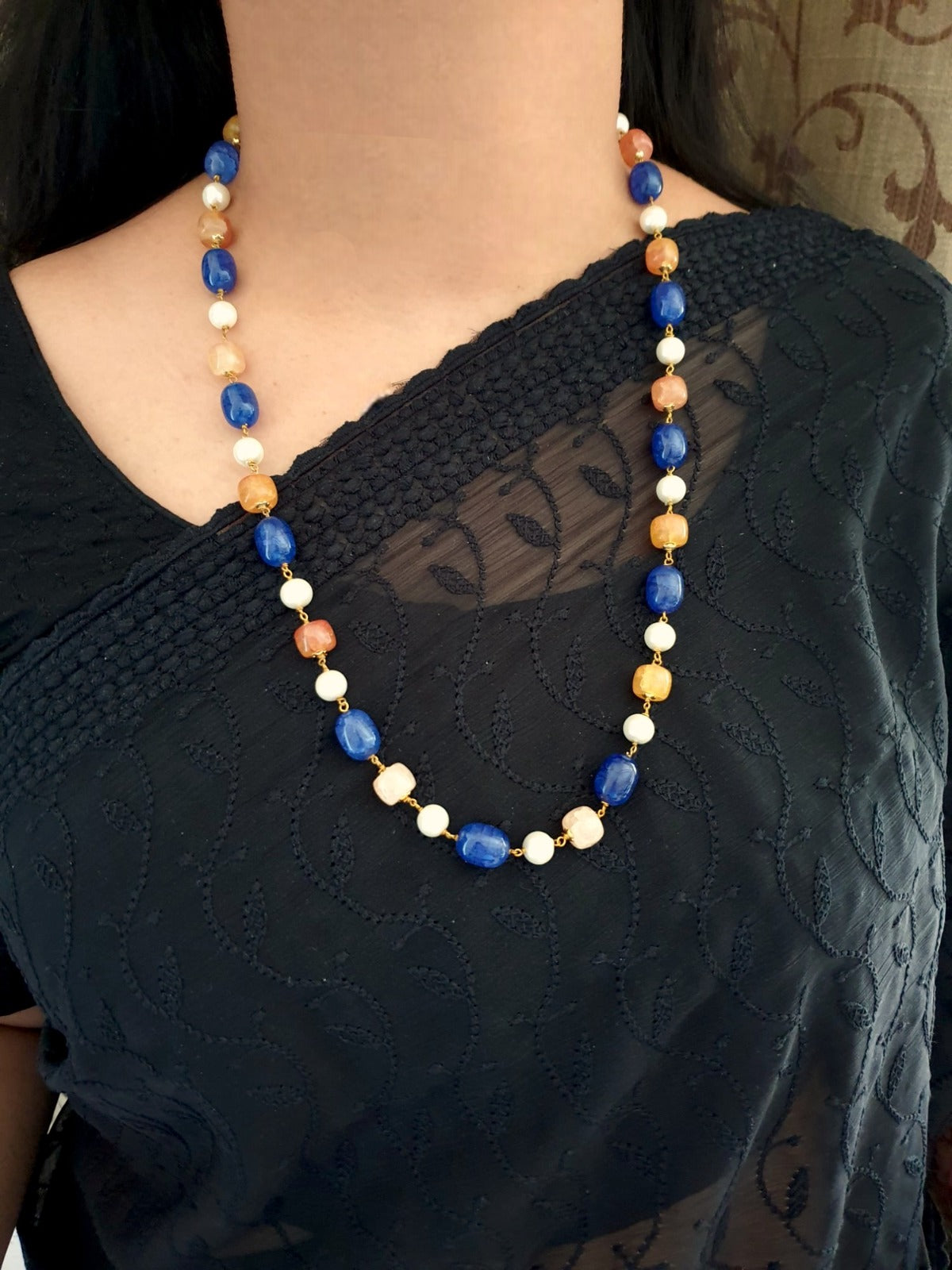 Blue Orange Stone Beads Pearl Long Mala