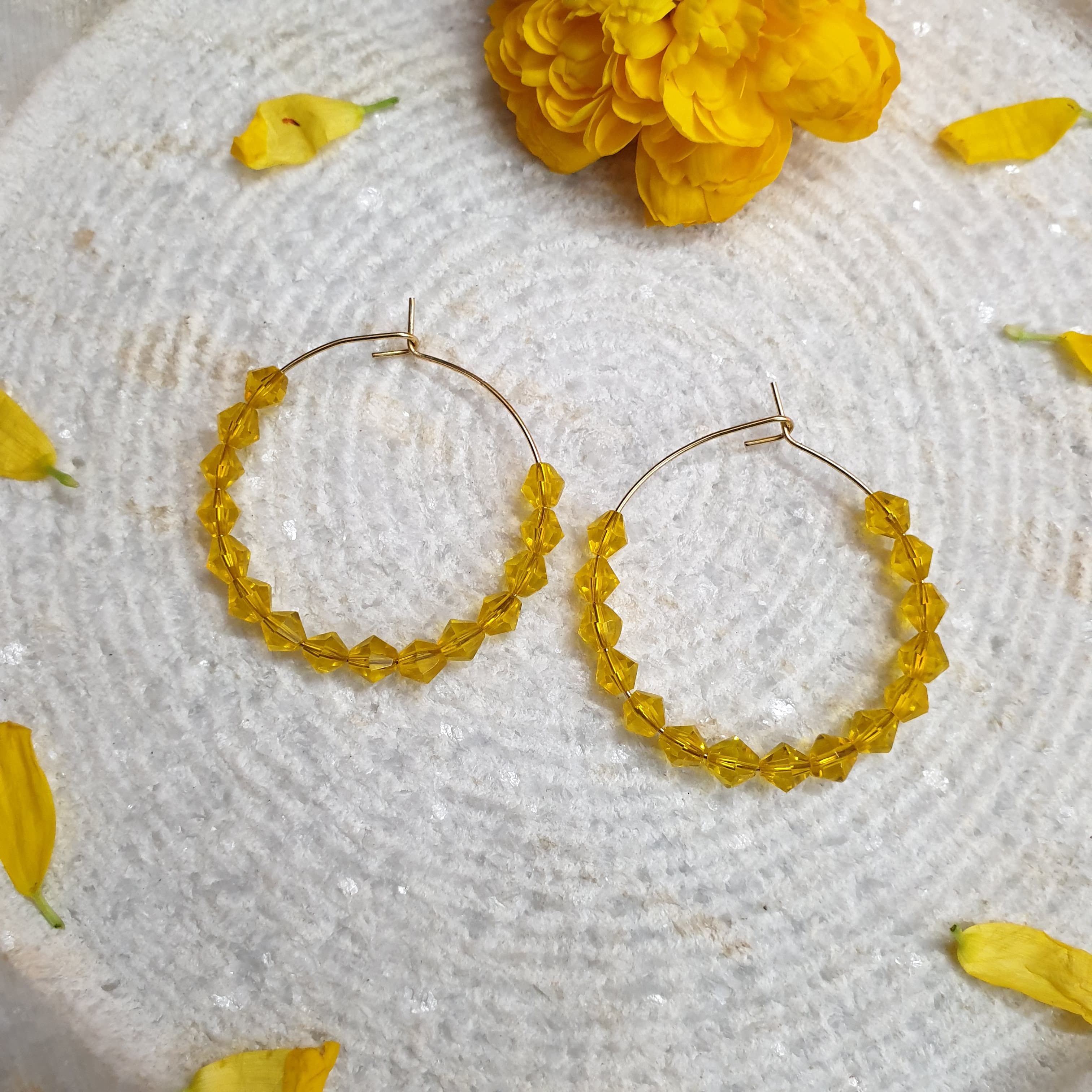 Lemon Yellow Beaded Hoop Earrings