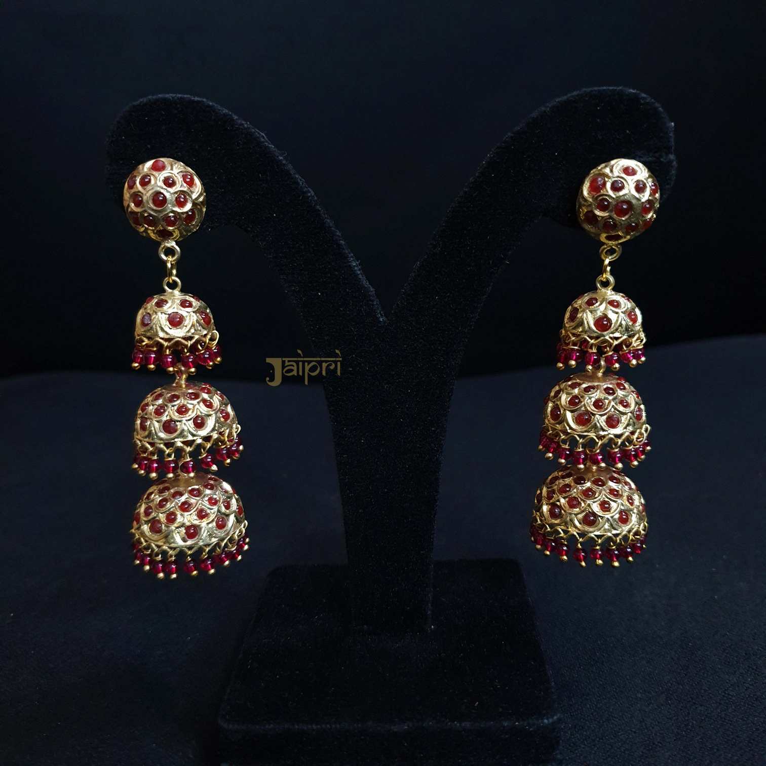 Three Layer Jhumki Ruby Stone Earrings