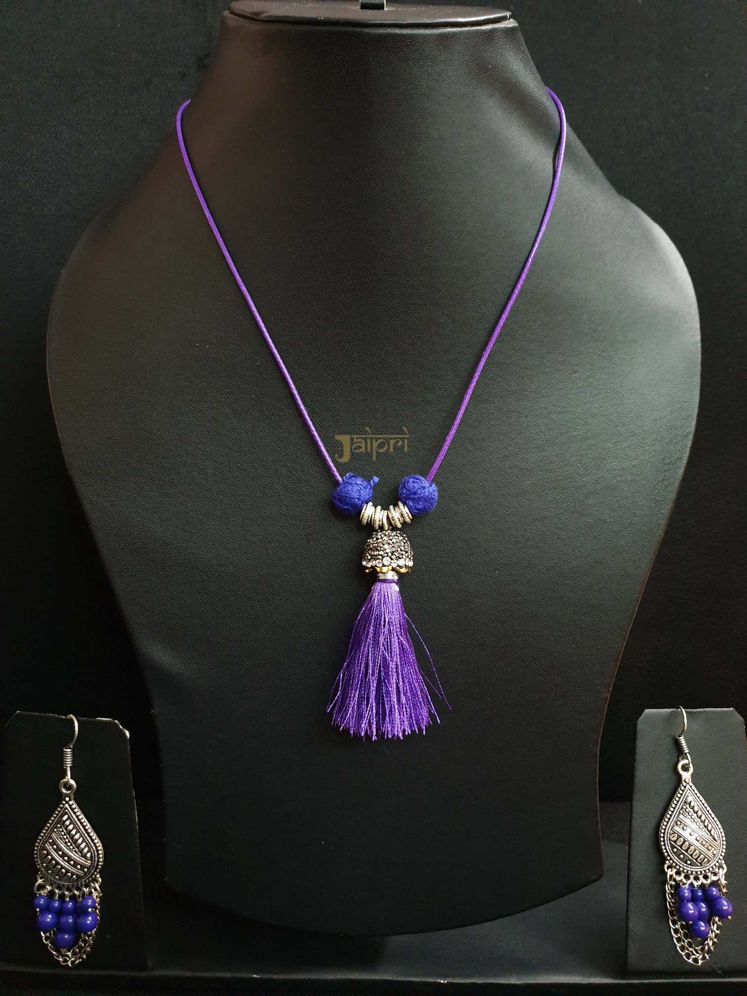 Purple Oxidised Silver Necklace With Earrings