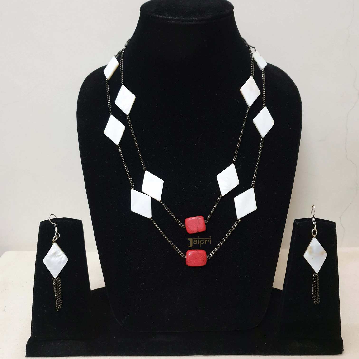 White & Red Beads Stone Adorable Necklace With Earrings